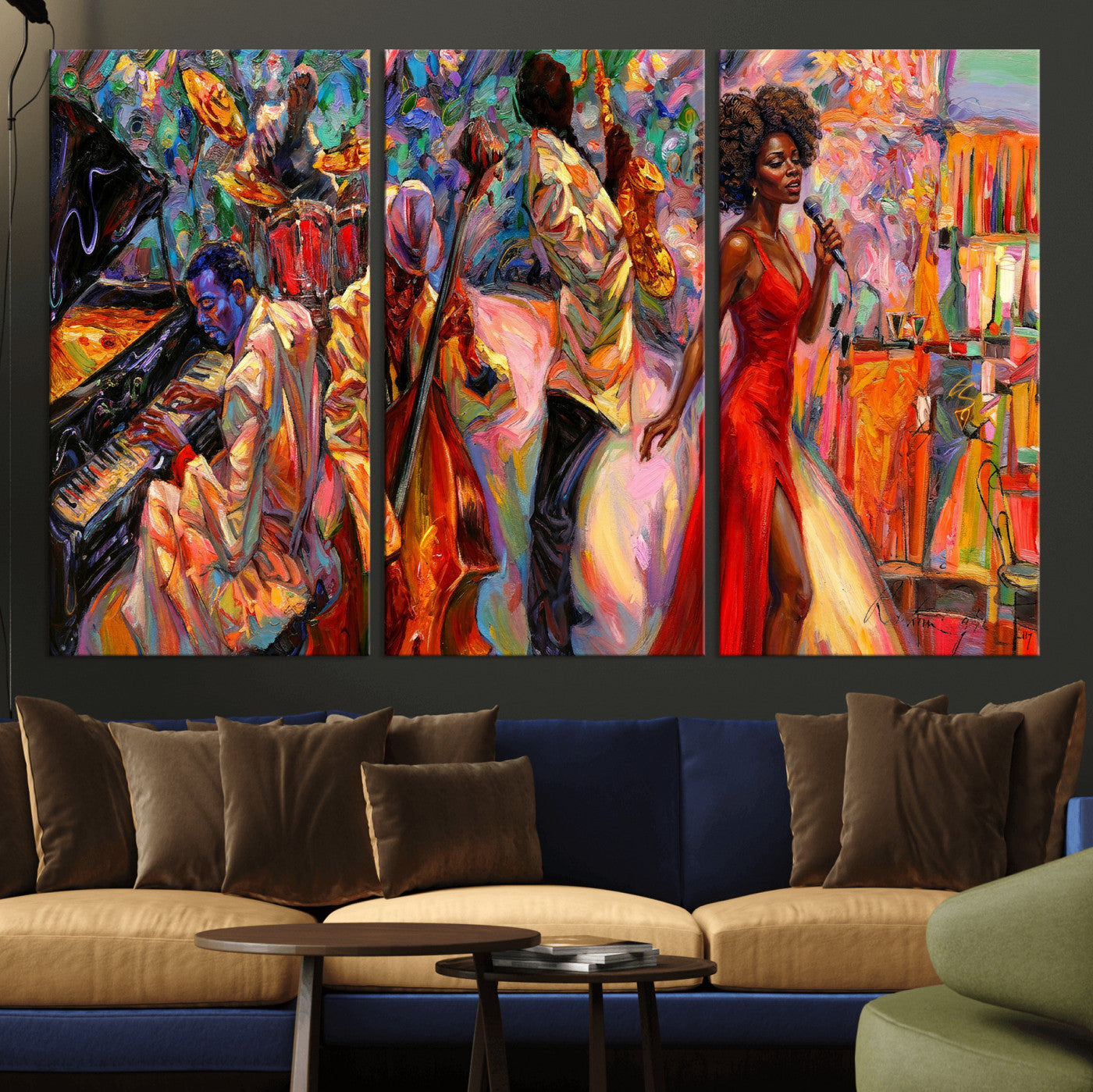 72615137-MGV-CV-36X24 - African American Jazz Singer Canvas Art - Red Dress Black Woman Music Print | Colorful Jazz Band Wall Decor | Living Room Gift for Her