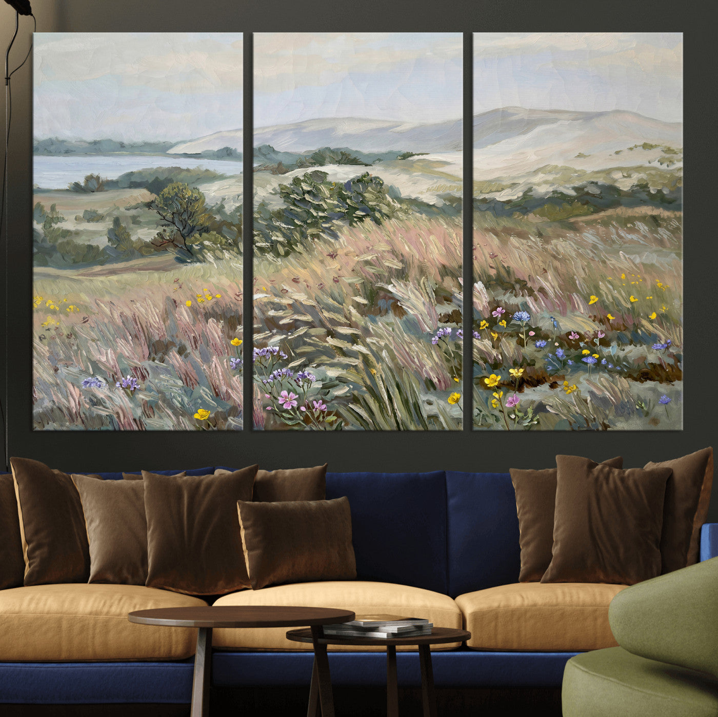18013232-MGV-CV-36X24 - Katie Staples Hillside Canvas Wall Art — Coastal Wildflower Dune Oil Painting Print | Muted Green Nature Decor | Plein Air Landscape Gift