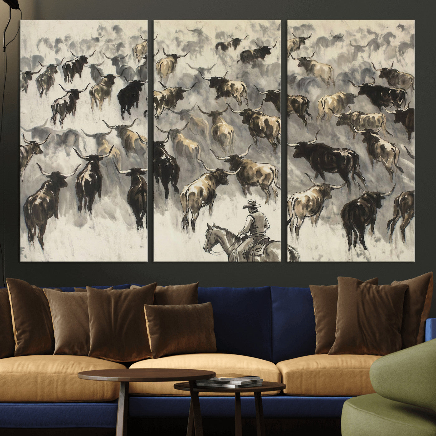 48049876-MGV-CV-36X24 - Cowboy Cattle Drive Canvas Wall Art, Western Longhorn Herd Ink Painting Print, Ranch Rodeo Decor, Black White Western Art, Large Living Room Art