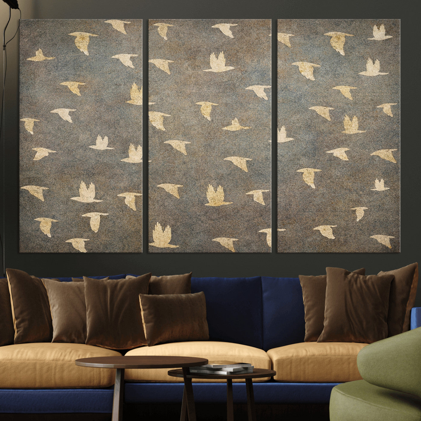 74076164-MGV-CV-36X24 - Flying Birds Canvas Wall Art, Vintage Bird Flock Pattern Print, Grey Gold Abstract Nature Decor, Rustic Bird Silhouette Art, Boho Living Room Decor