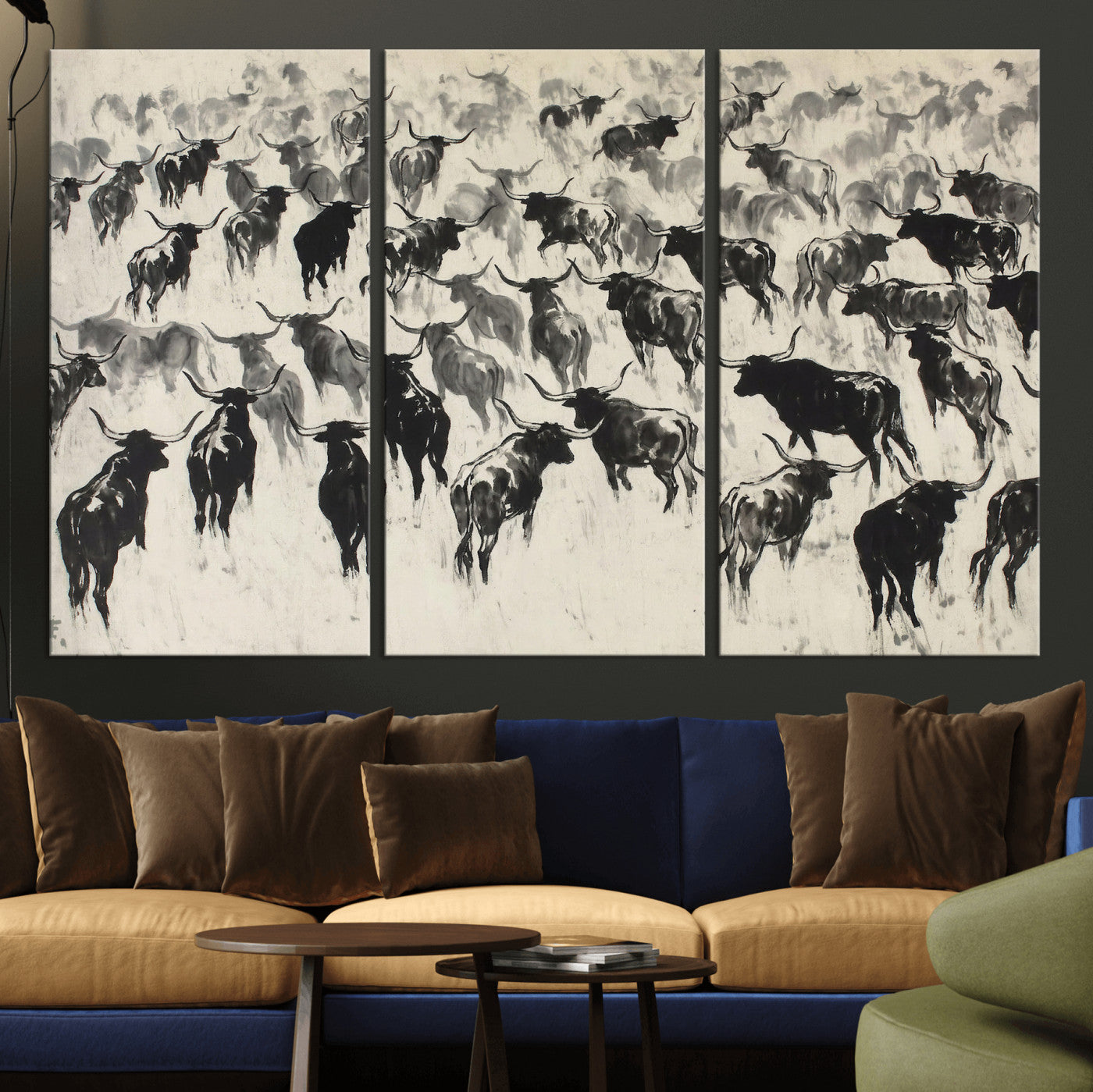 68669792-MGV-CV-36X24 - Longhorn Cattle Canvas Wall Art, Black White Stampede Ink Painting Print, Western Farmhouse Decor, Bull Herd Art, Large Living Room Wall Art, Ranch Home Decor