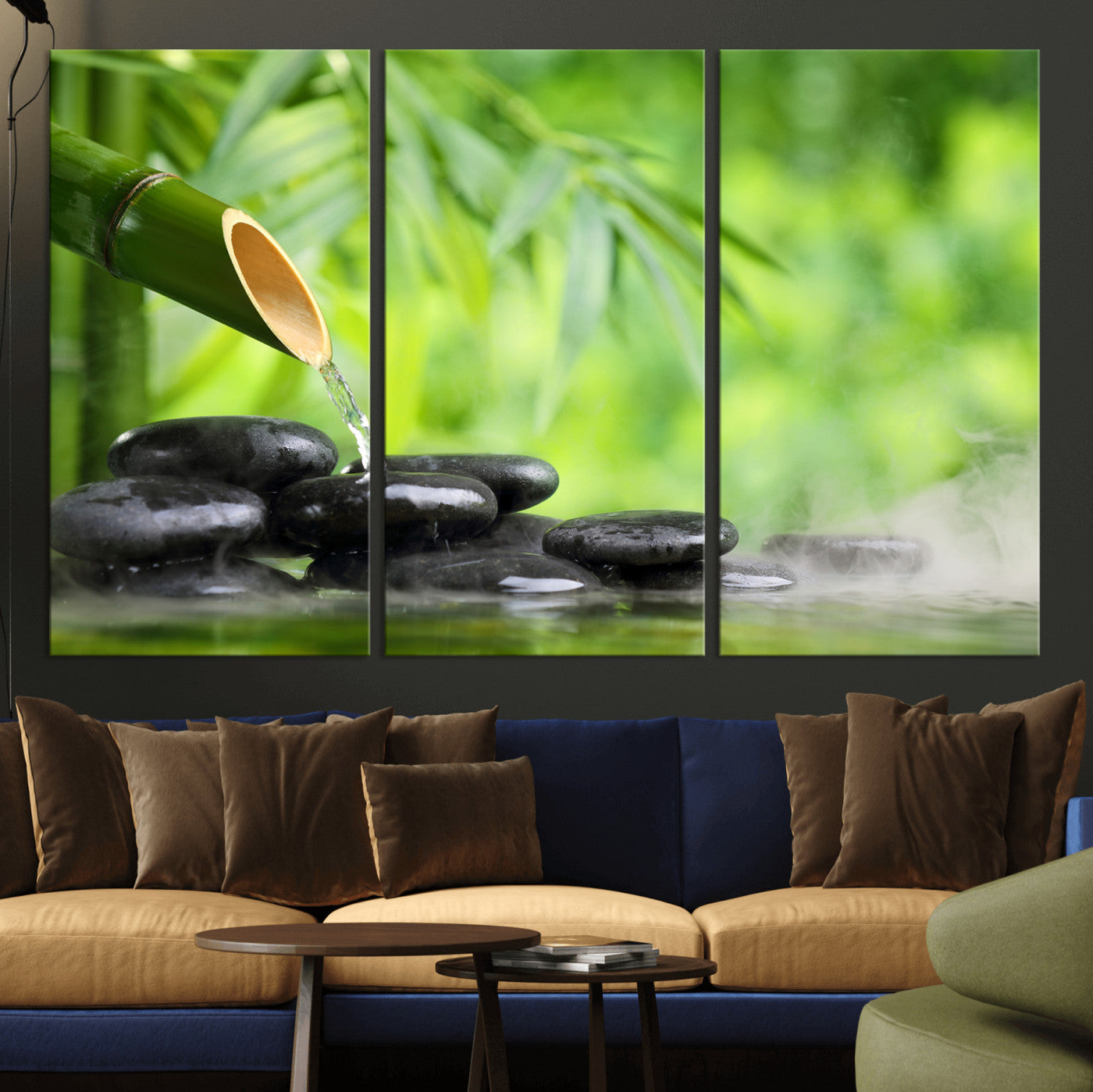 26961320-MGV-CV-36X24 - Bamboo Water Flow Black Stone Canvas | Zen Spa Nature Photography Print | Green Mist Japanese Garden Wall Art | Tranquil Decor