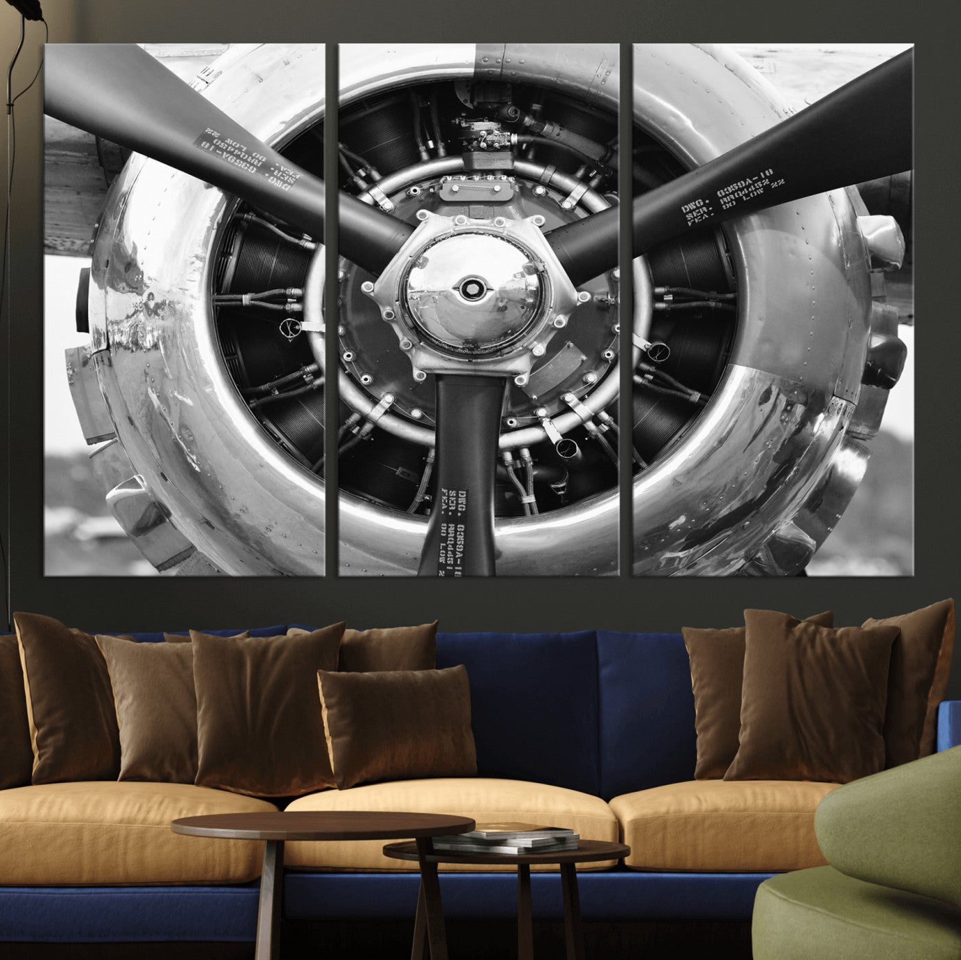 73322230-MGV-CV-36X24 - Vintage Propeller Plane Wall Art Canvas Print, Black and White Airplane Engine Close Up Framed Aviation Artwork for Pilot Office Hangar Decor