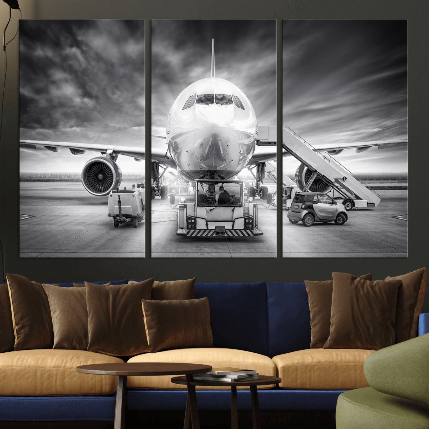 85885848-MGV-CV-36X24 - Airplane Wall Art Canvas Print, Black and White Jet Aircraft Airport Runway Framed Aviation Artwork for Pilot Office Hangar Travel Decor