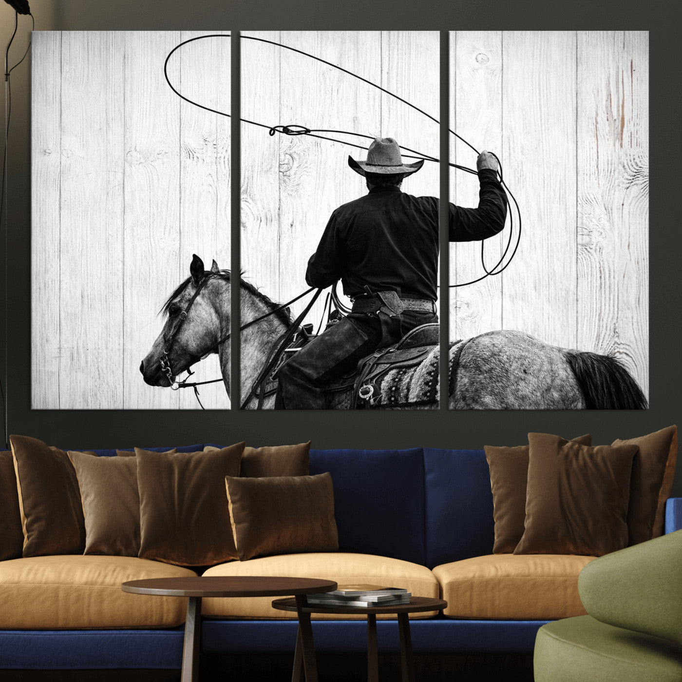 22569358-MGV-CV-36X24 - Cowboy Lasso Canvas Wall Art, Black White Western Horse Photo Print, Rustic Ranch Rodeo Decor, Farmhouse Western Art, Cowboy Gift for Him