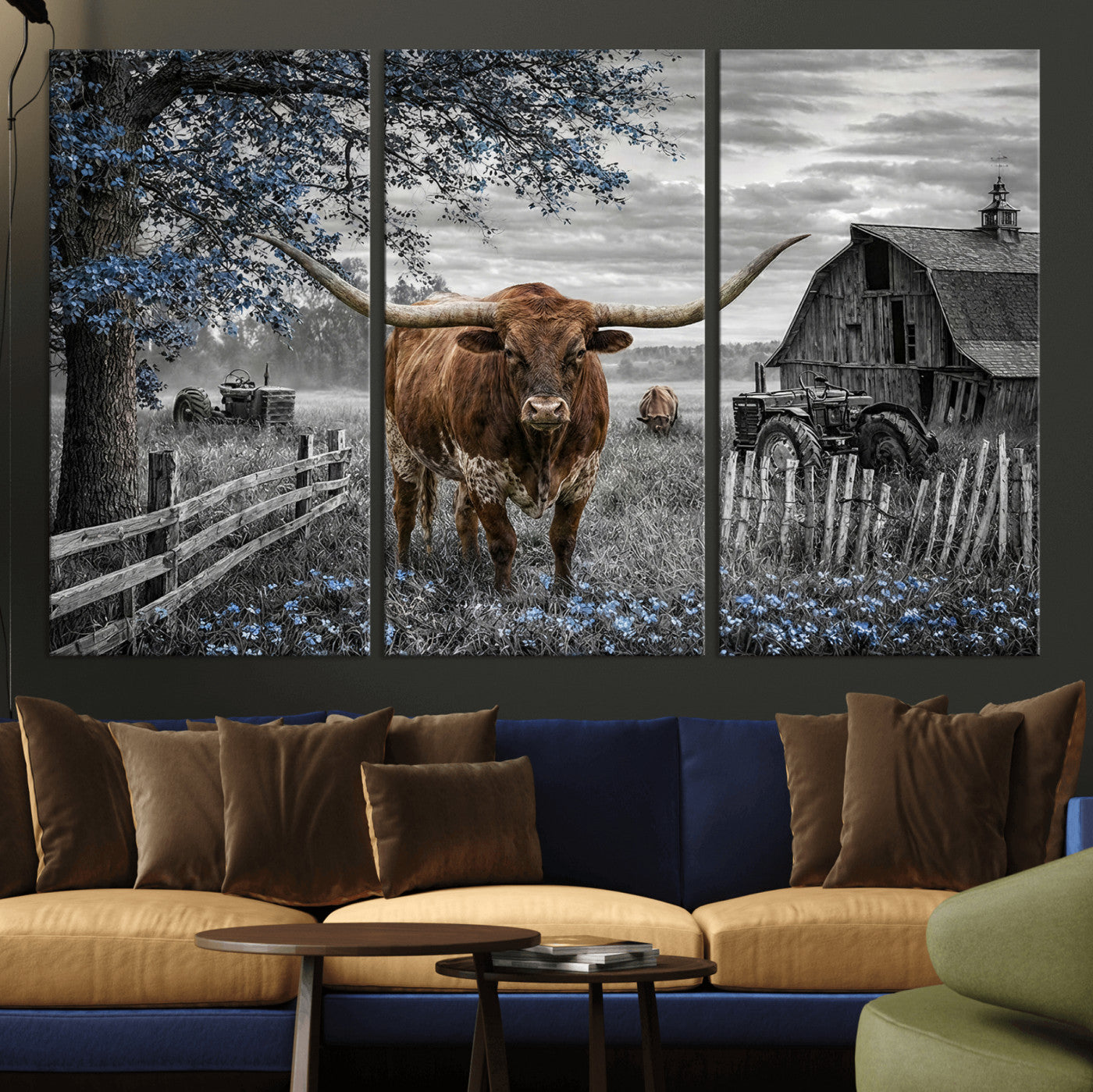 19366343-MGV-CV-36X24 - Texas Longhorn Canvas Wall Art, Rustic Farm Barn Bluebonnet Photography Print, Farmhouse Country Decor, Western Ranch Art, Old Truck Tractor Print
