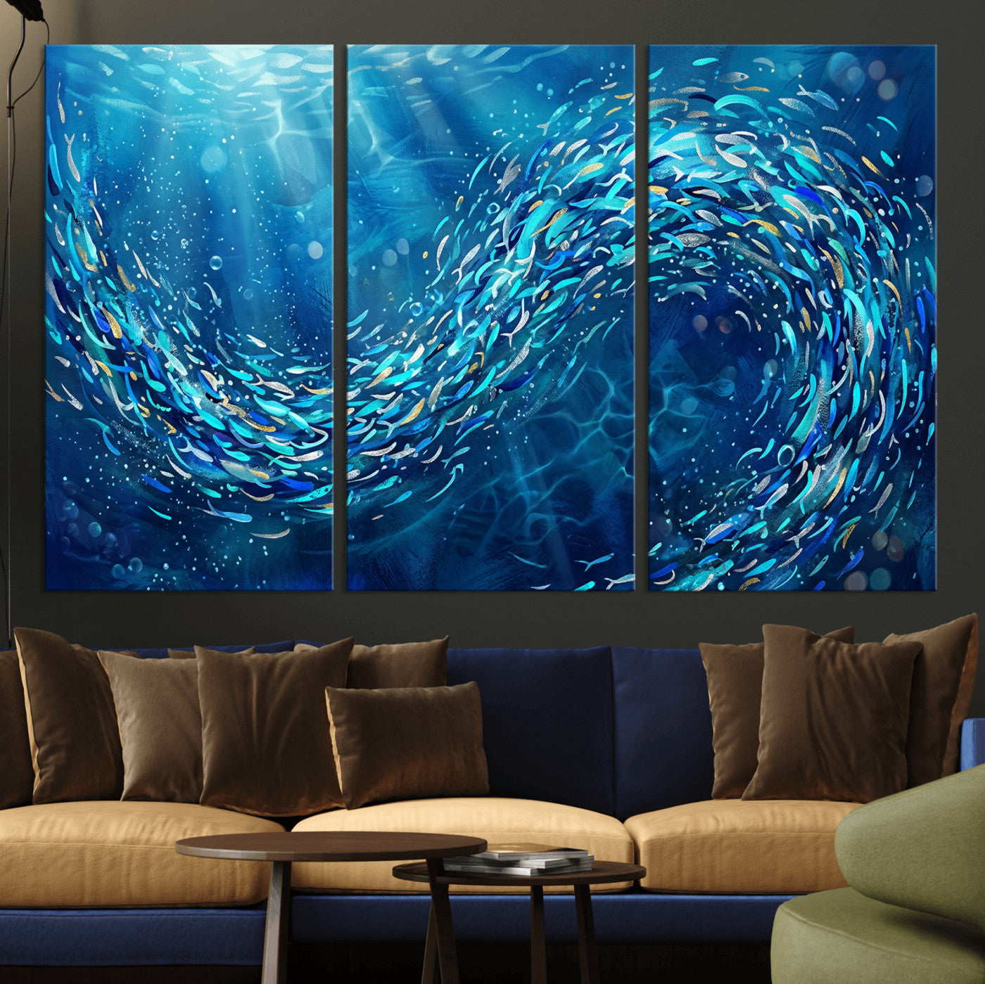 54535639-MGV-CV-36X24 - School of Fish Canvas Print | Blue Ocean Underwater Wall Art | Swirling Fish Shoal Illustration | Marine Navy Coastal Decor