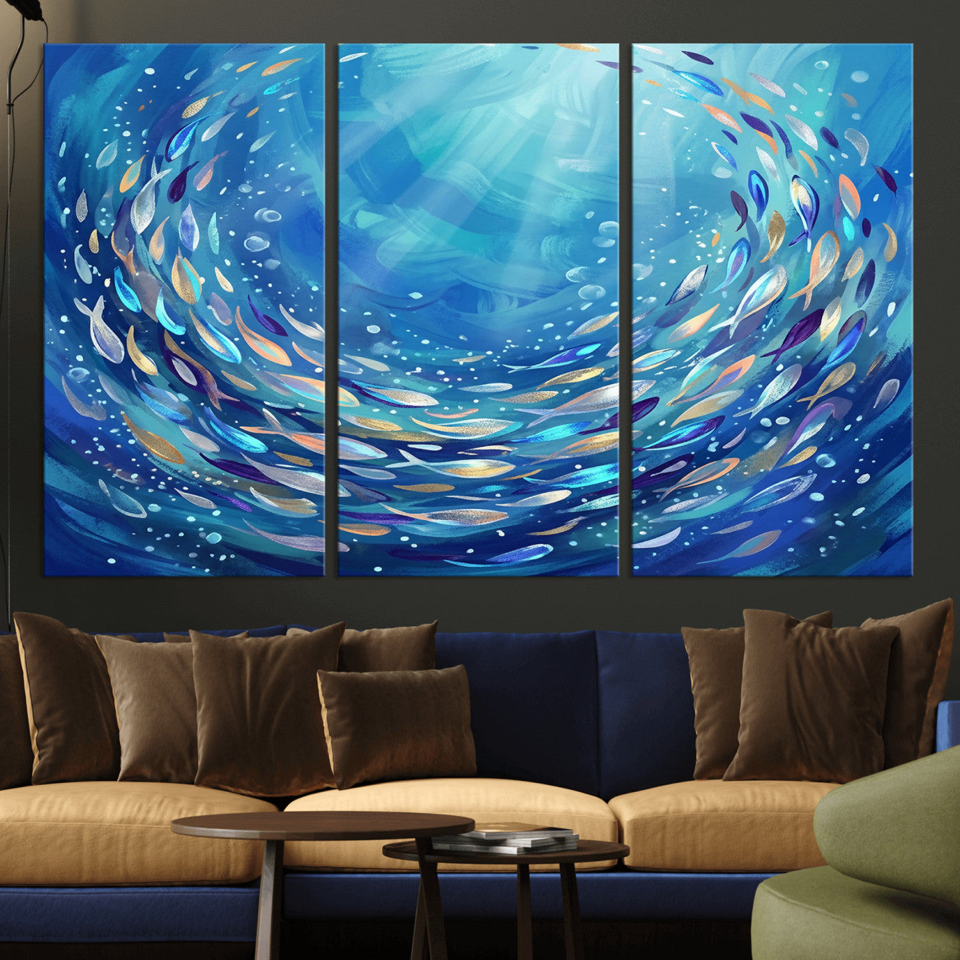 78699899-MGV-CV-36X24 - School of Fish Canvas Print | Blue Ocean Underwater Wall Art | Swirling Fish Shoal Illustration | Marine Navy Coastal Decor