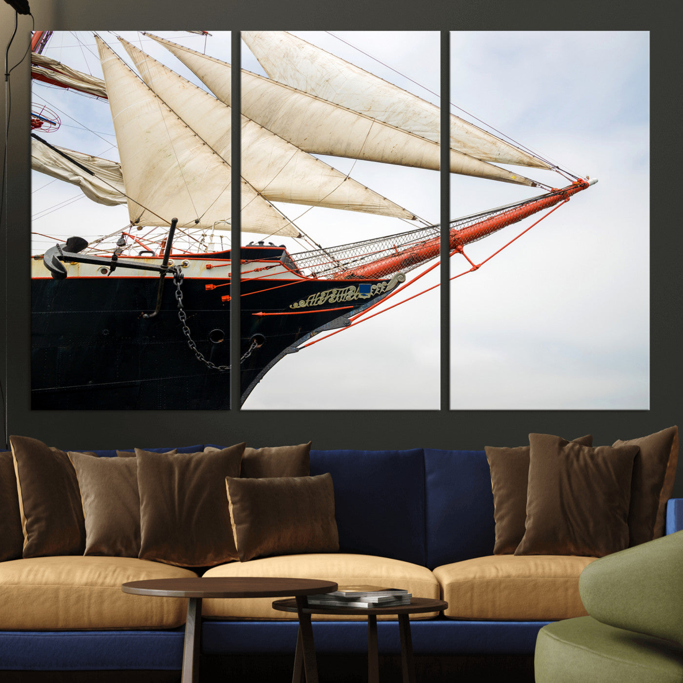 64830036-MGV-CV-36X24 - Sailboat Wall Art Canvas Print, Vintage Ship Bow Framed Artwork, Nautical Sailing Decor for Living Room Office Beach House