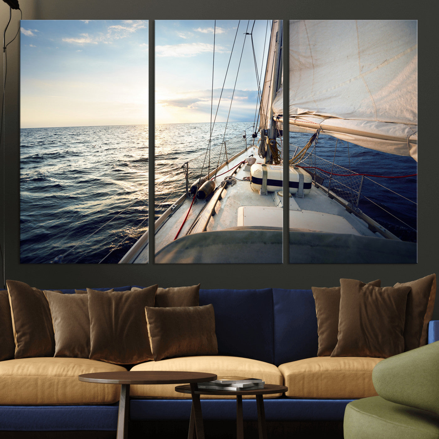 76381335-MGV-CV-36X24 - Sailboat Wall Art Canvas Print, Ocean Sunset Sailing Framed Artwork, Coastal Nautical Seascape Decor for Living Room Office Beach House