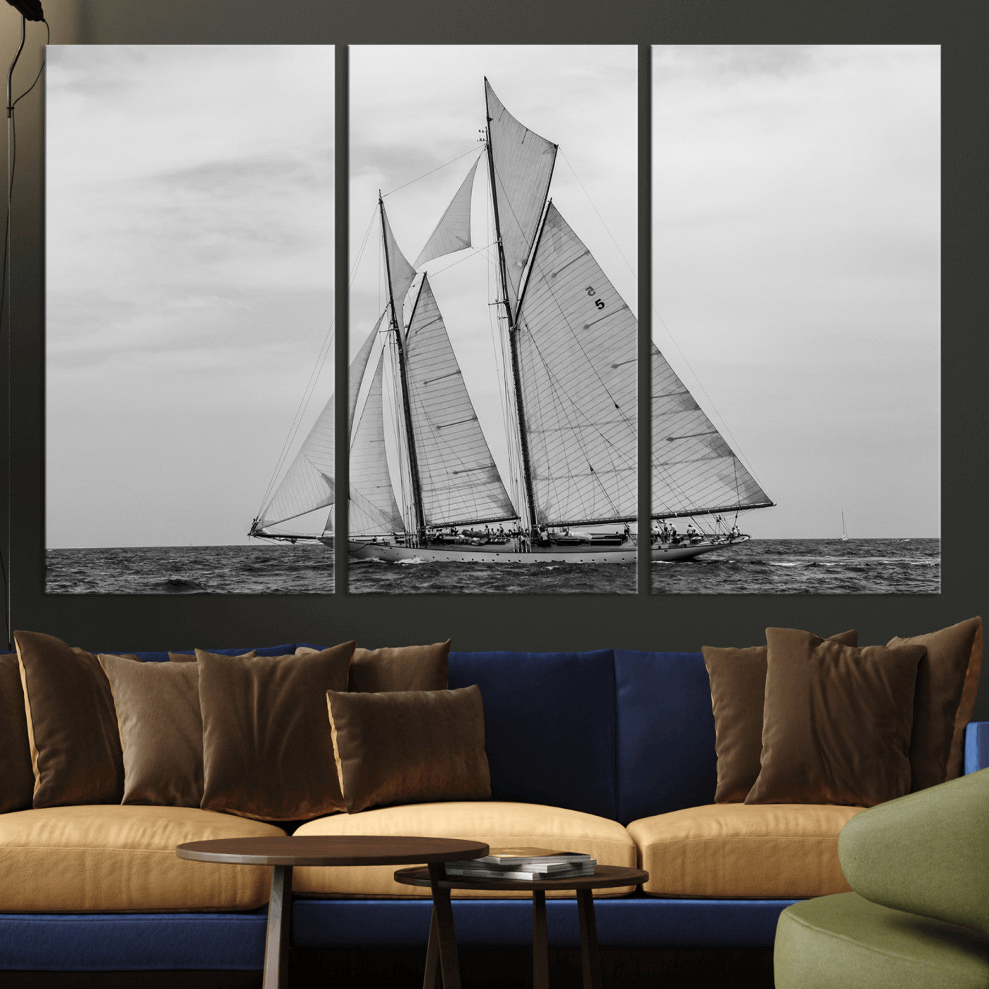 52882918-MGV-CV-36X24 - Vintage Sailboat Wall Art Canvas Print, Black and White Schooner Framed Artwork, Nautical Ocean Sailing Decor for Living Room Office Beach House