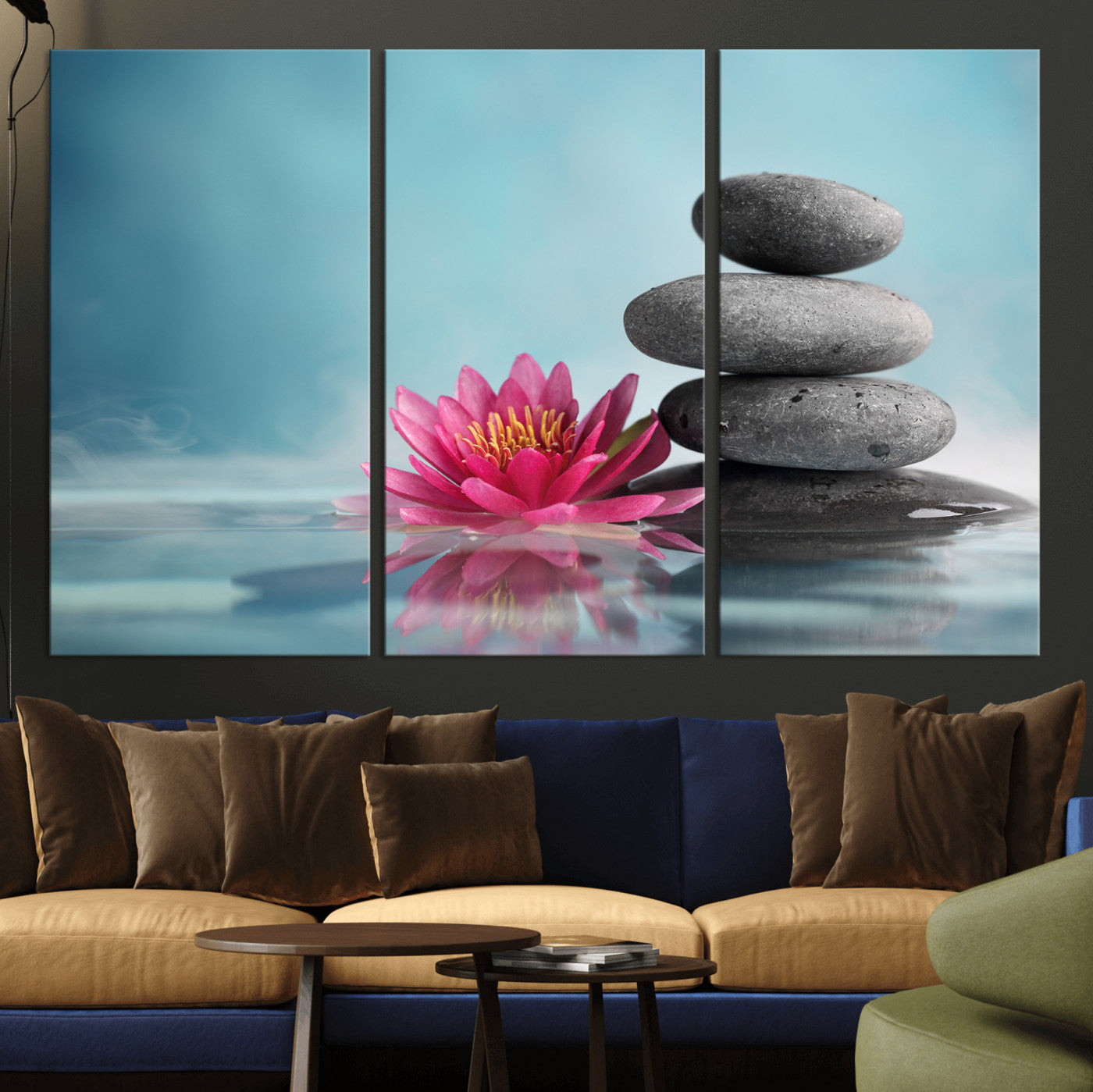 84293154-MGV-CV-36X24 - Zen Canvas Wall Art Lotus Flower Stacked Stones Teal Spa Meditation Relaxation Framed Large for Bathroom Bedroom Living Room Office Decor
