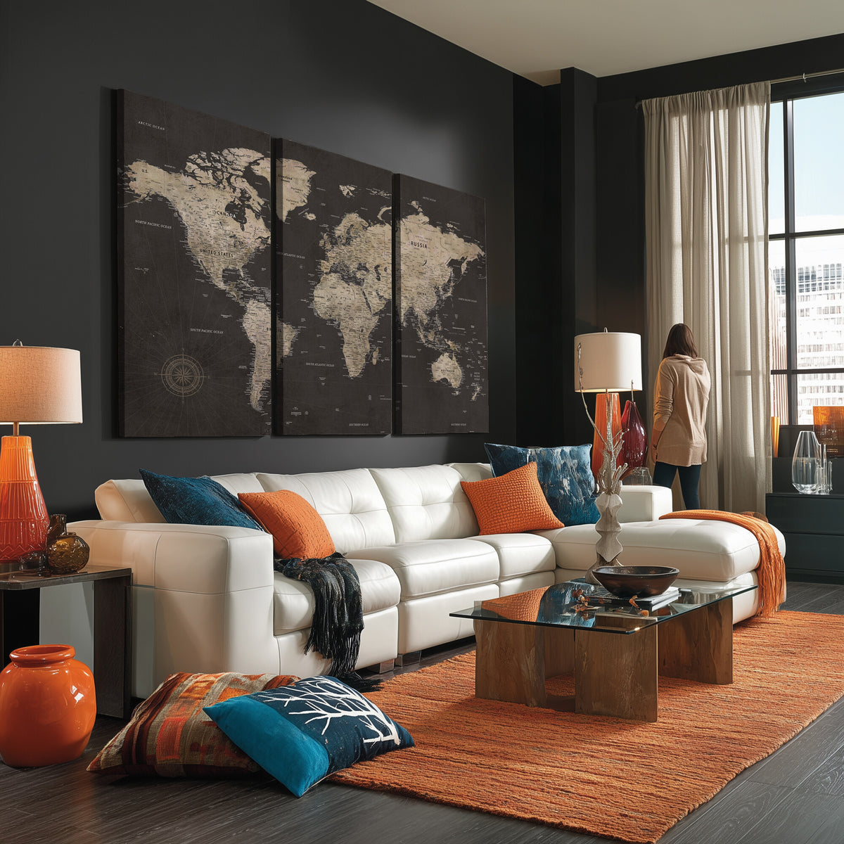56556018136-MGV-CV-36X24 - World Map Canvas Wall Art Dark Charcoal Antique Tan Detailed