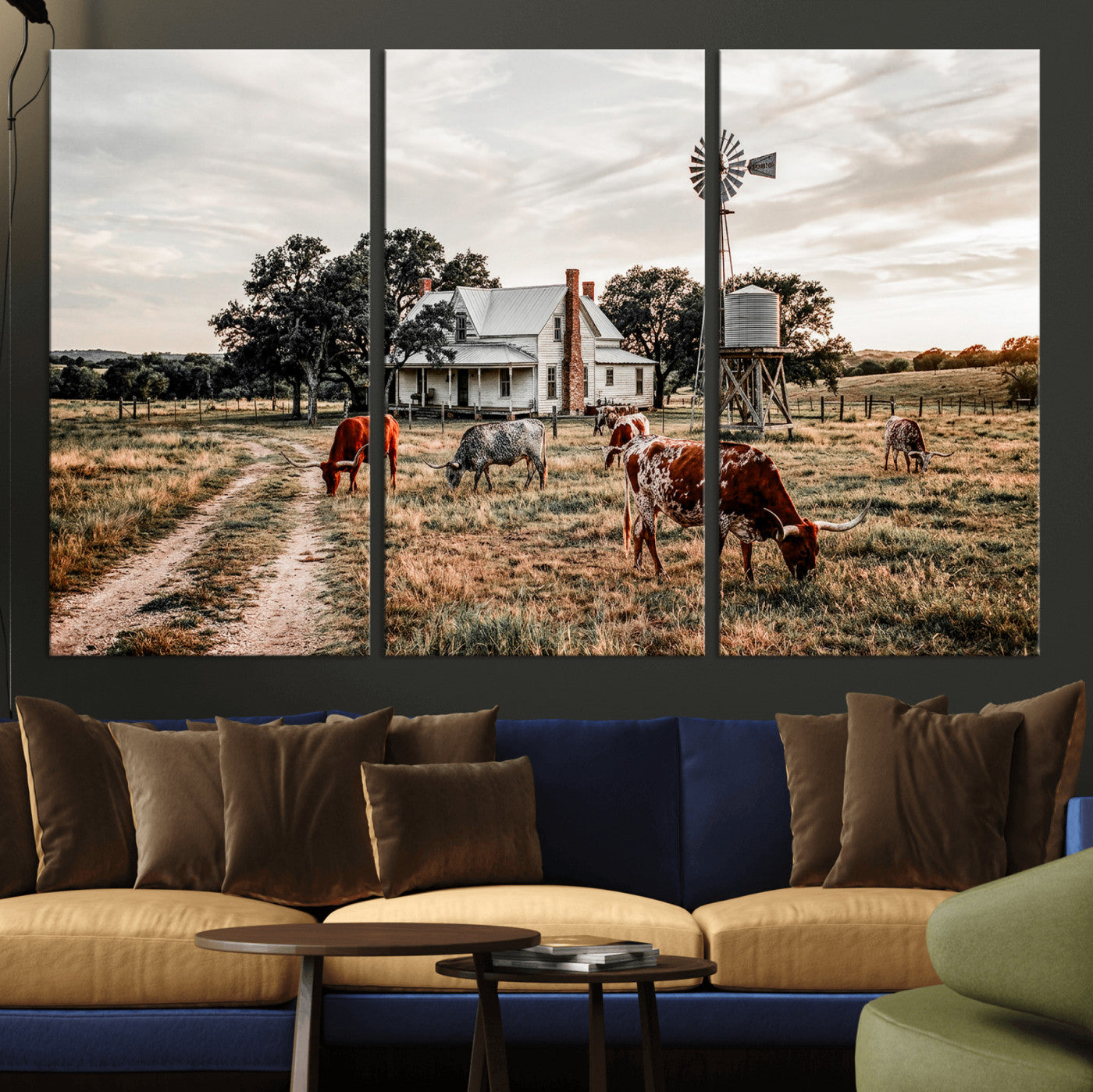 92429425-MGV-CV-36X24 - Texas Longhorn Ranch Wall Art Canvas Print, Rustic Western Farmhouse Decor, Country Landscape Canvas Wall Art, Vintage Cowboy Ranch Picture