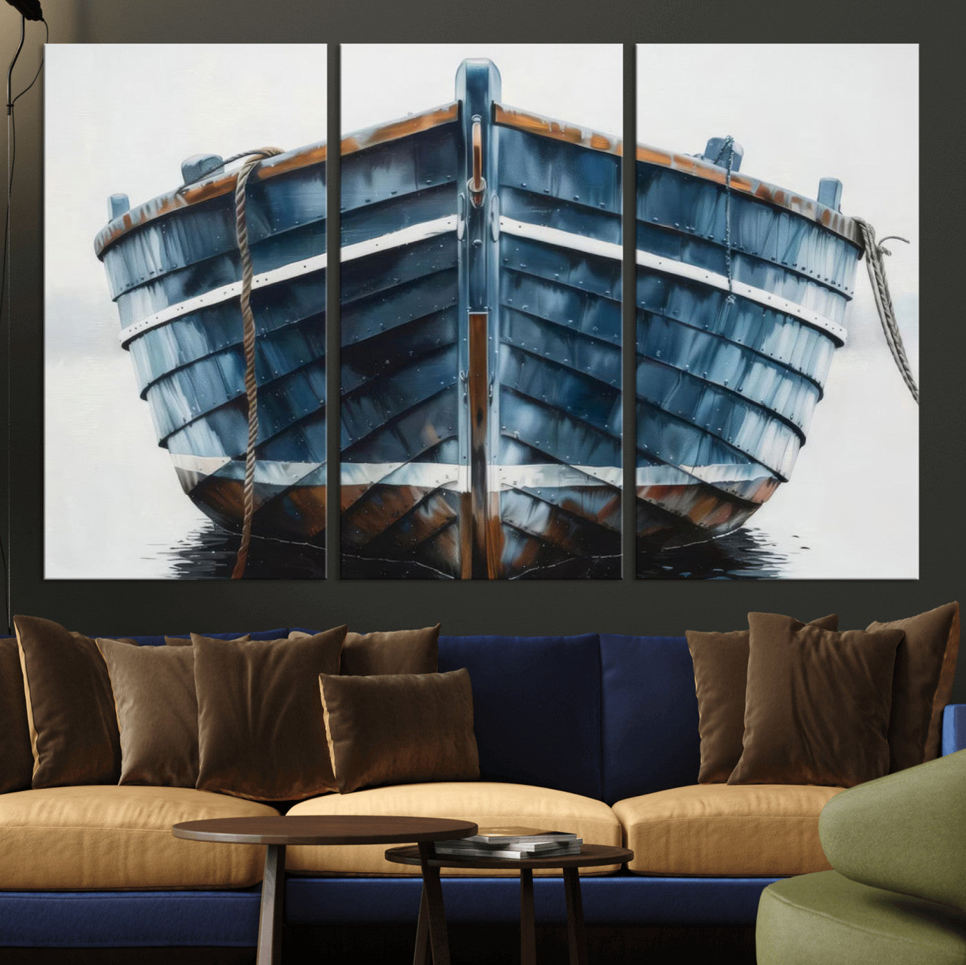 21601740-MGV-CV-36X24 - Blue Wooden Rowboat Canvas Wall Art, Coastal Nautical Boat Painting Print for Lake Beach House Decor, Minimalist Maritime Decor Artwork