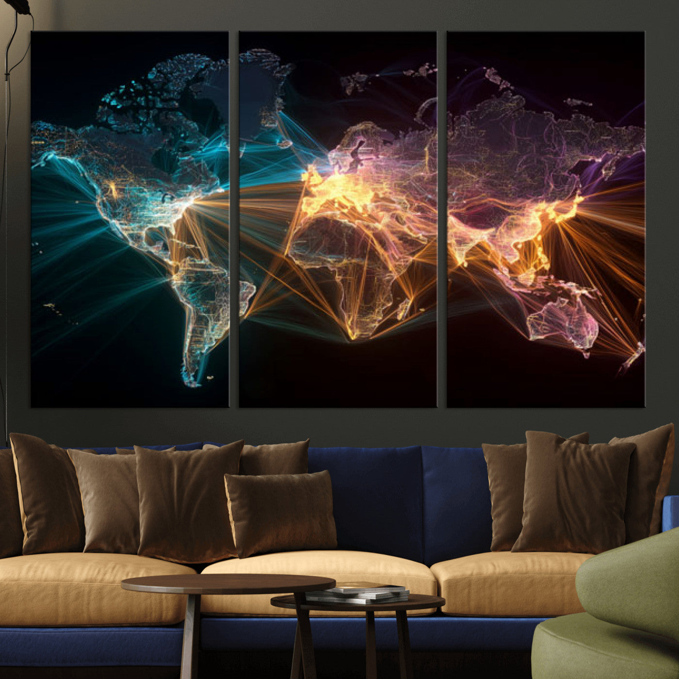 14891737-MGV-CV-36X24 - World Map and Global Flight Routes Map Canvas Wall Art, Worldwide Aviation Network Print, International Air Travel Wall Decor