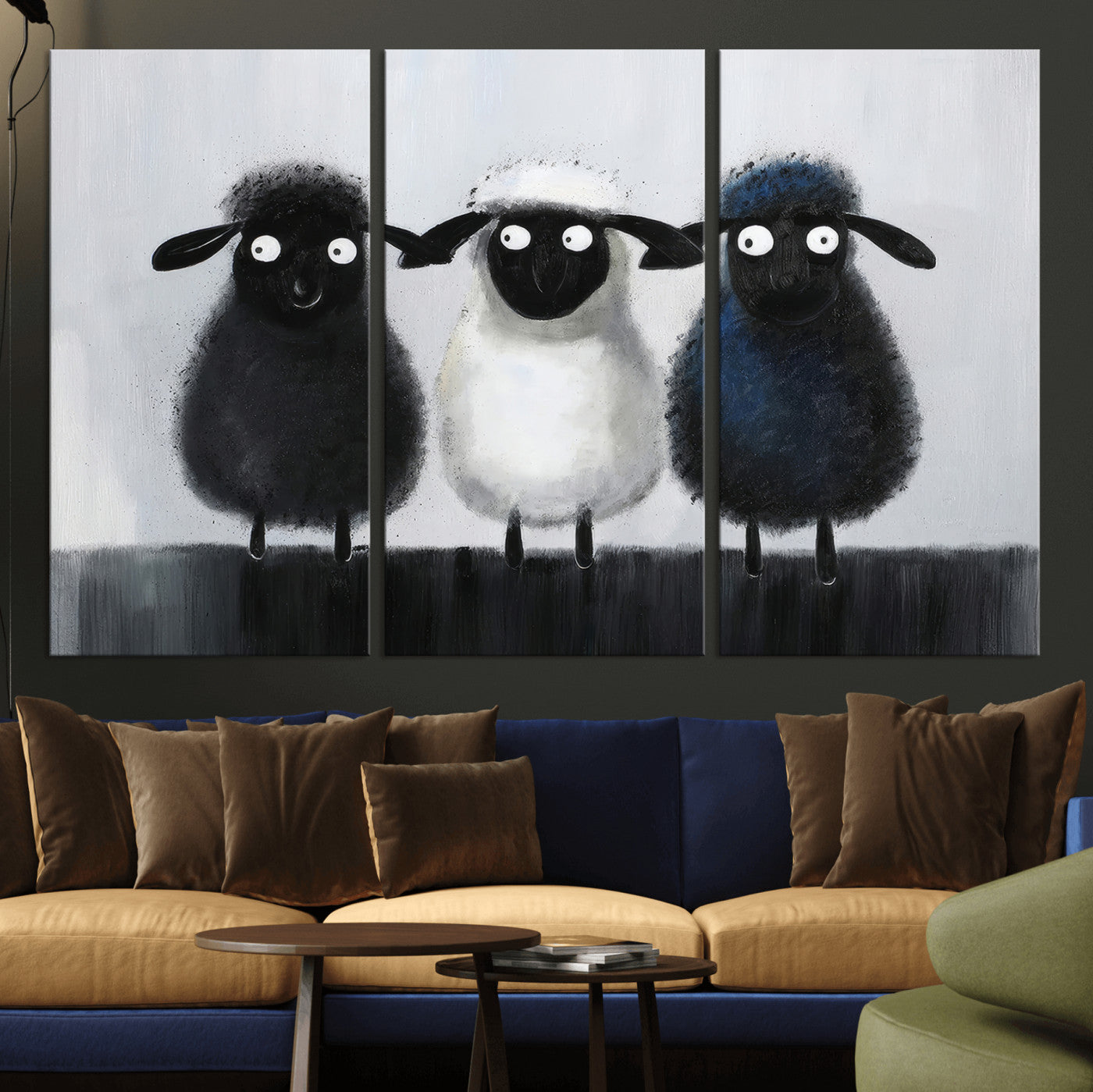 45650028-MGV-CV-36X24 - Funny Sheep Canvas Wall Art, Three Quirky Sheep Painting Print, Cute Animal Nursery Decor, Black White Navy Farmhouse Art, Kids Room Gift
