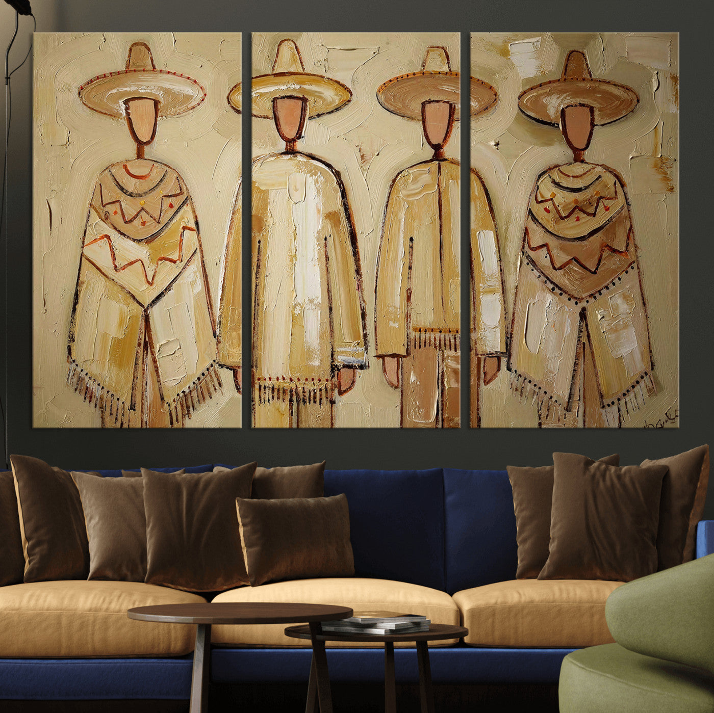 46071653-MGV-CV-36X24 - Mexican Folk Art Canvas Wall Art, Charro Poncho Sombrero Painting Print, Neutral Beige Boho Decor, Southwestern Impasto Style, Living Room Art