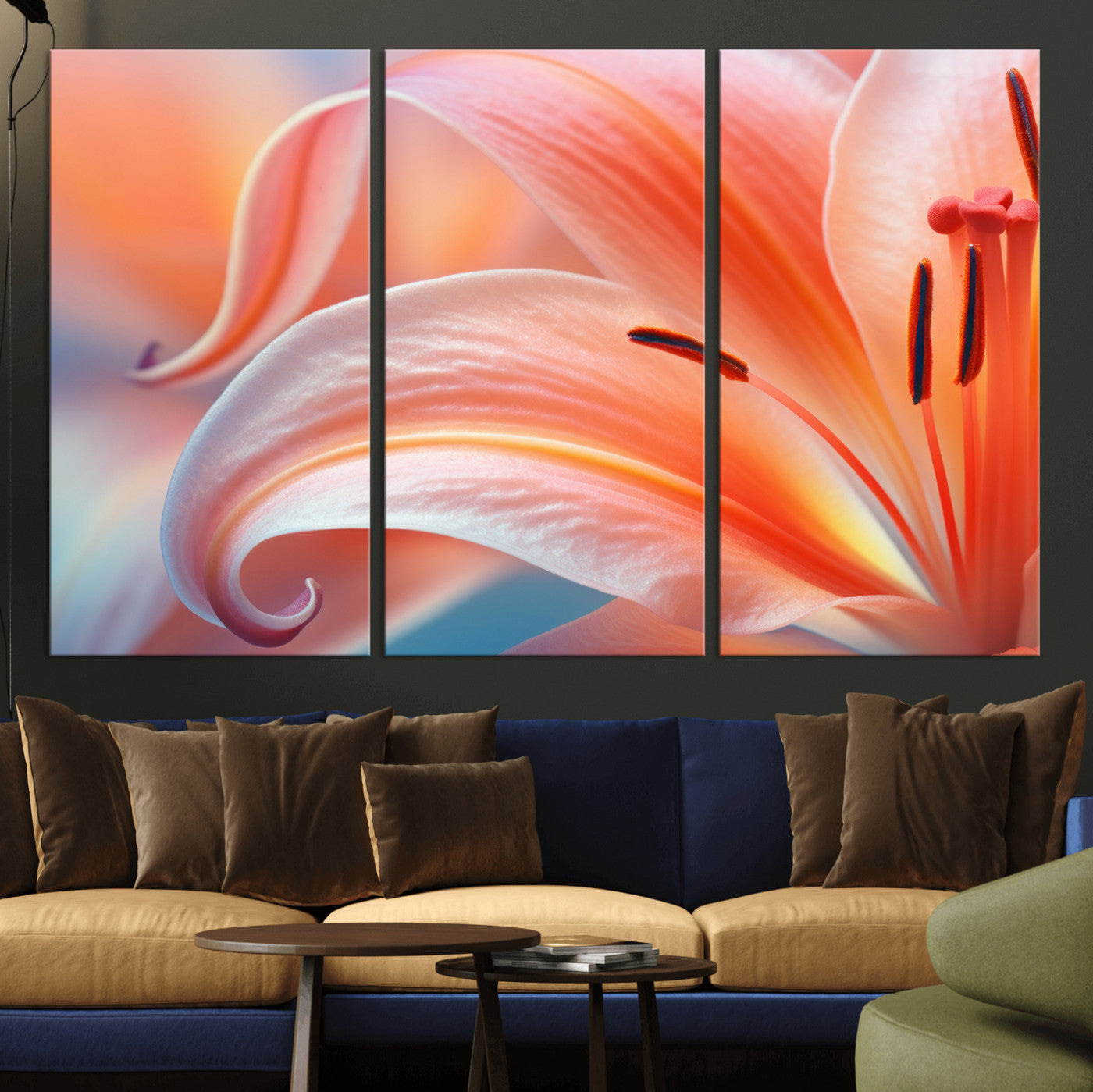 69566231-MGV-CV-36X24 - Peach Lily Canvas Wall Art, Coral Pink Flower Macro Photo Print, Botanical Bedroom Decor, Soft Floral Photography, Living Room Wall Art