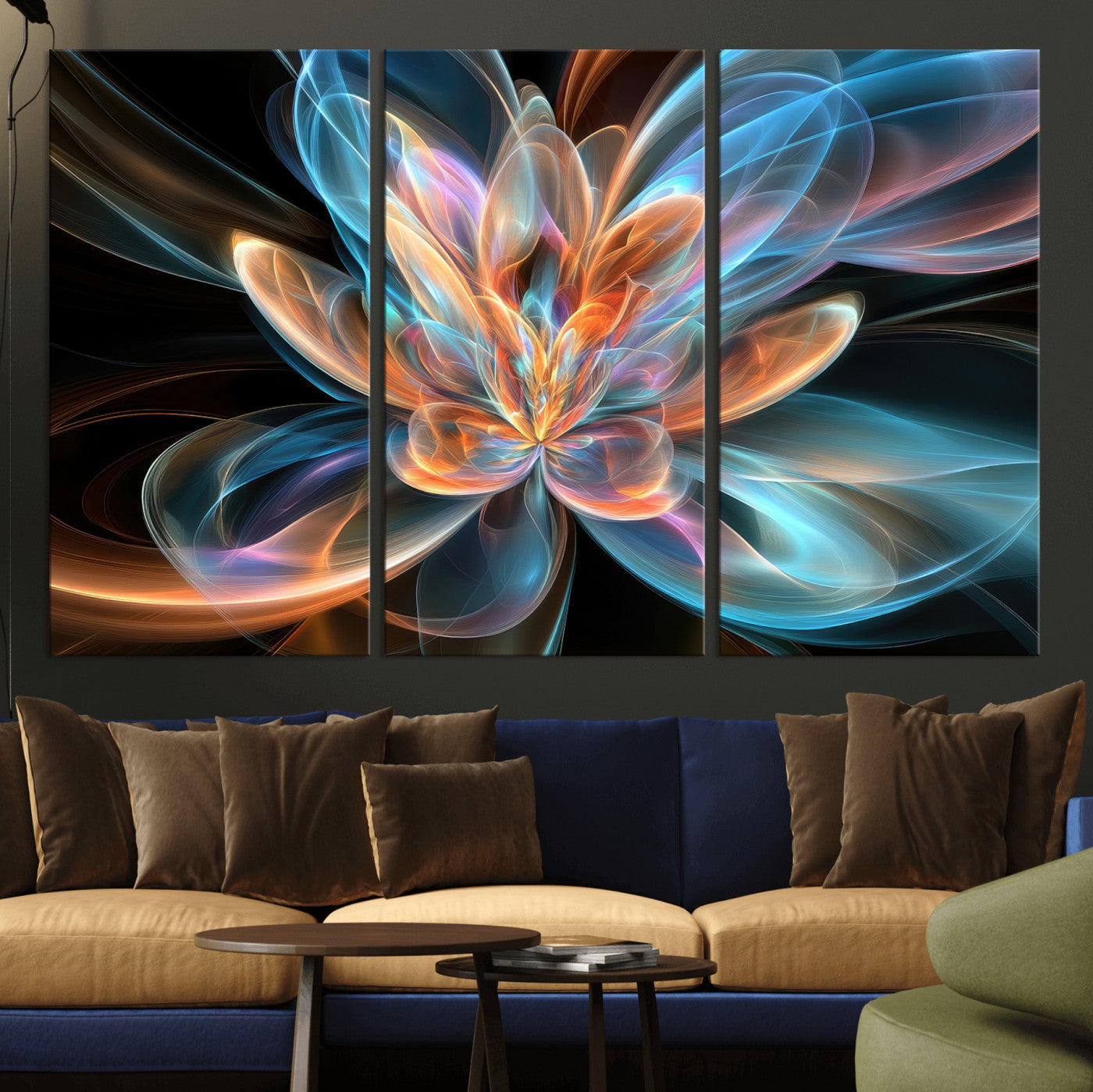 91902283-MGV-CV-36X24 - Fractal Lotus Canvas Wall Art, Blue Orange Glowing Flower Abstract Print, Modern Zen Meditation Room Decor, Ethereal Digital Art, Living Room