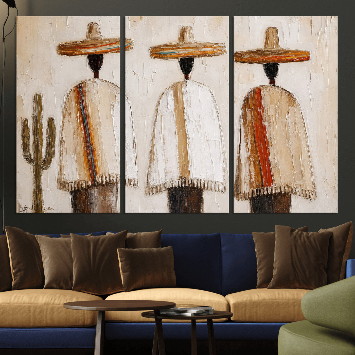 72884785-MGV-CV-36X24 - Mexican Folk Art Canvas Wall Art, Southwestern Sombrero Poncho Painting, Neutral Earthy Boho Decor, Fiesta Living Room Art, Impasto Style Print
