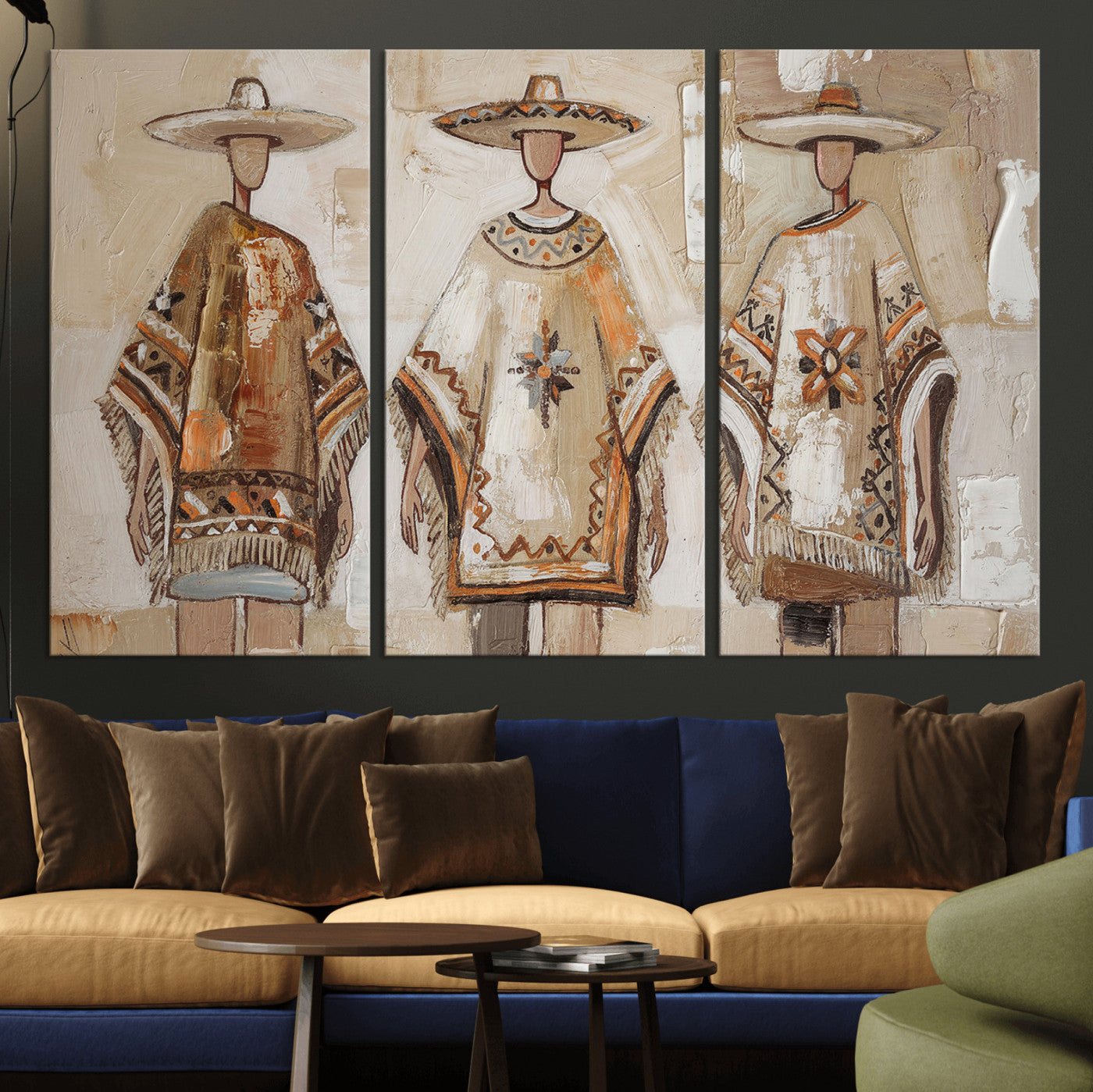 85373290-MGV-CV-36X24 - Mexican Folk Art Canvas Wall Art, Charro Poncho Sombrero Painting Print, Neutral Beige Boho Decor, Southwestern Impasto Style, Living Room Art