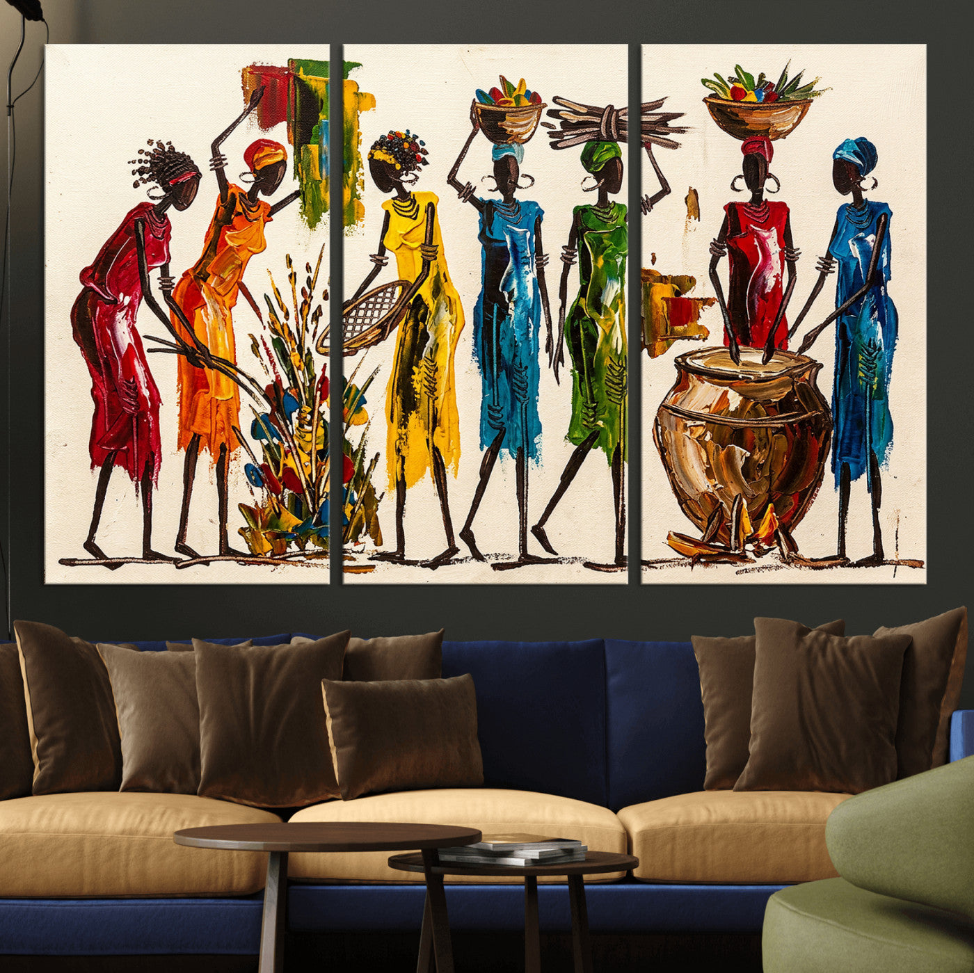 83463154-MGV-CV-36X24 - African Folk Art Canvas Wall Art, Colorful African Women Village Painting Print, Tribal Ethnic Home Decor, Vibrant African Art, Living Room