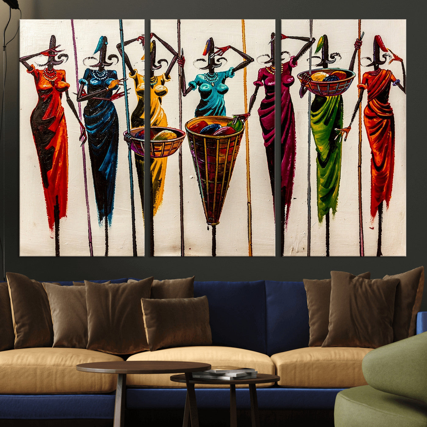 53545627-MGV-CV-36X24 - African Folk Art Canvas Wall Art, Colorful African Women Village Painting Print, Tribal Ethnic Home Decor, Vibrant African Art, Living Room