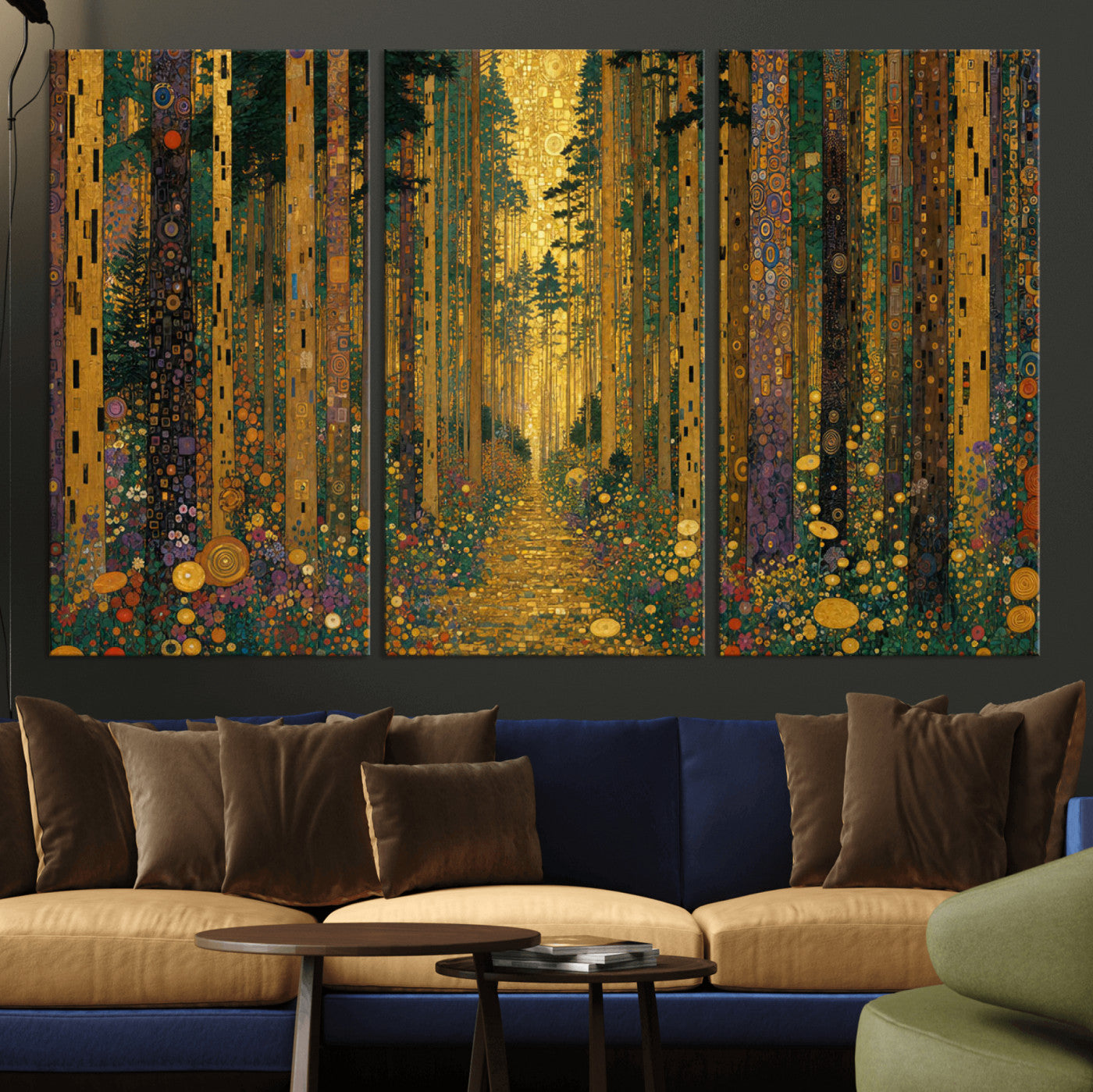 79483321G-MGV-CV-48X32-3P - Gustav Klimt Style Forest Canvas Wall Art, Golden Forest Path Floral Art Nouveau Print, Enchanted Woodland Decor
