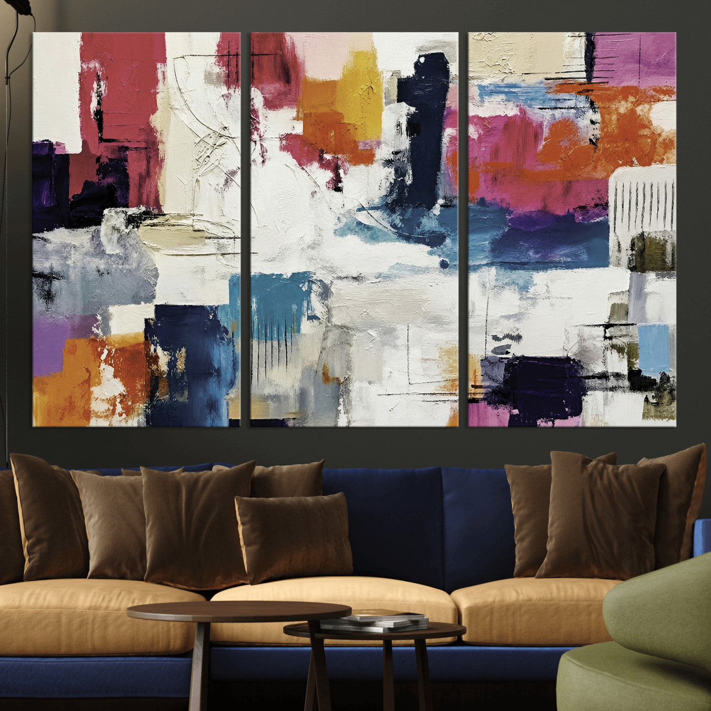 57864023-MGV-CV-36X24 - Blue Teal Abstract Canvas Wall Art, Modern Textured Painting Print, Navy Orange White Contemporary Art, Neutral Living Room Decor, Office Art