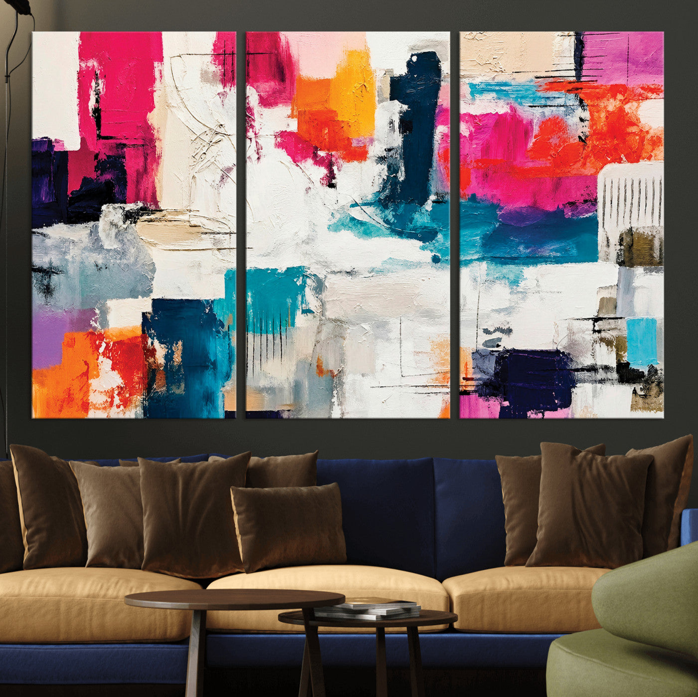 57864023-MGV-CV-36X24 - Blue Teal Abstract Canvas Wall Art | Modern Textured Painting Print, Navy Orange White Contemporary Art, Neutral Living Room Decor, Office Art