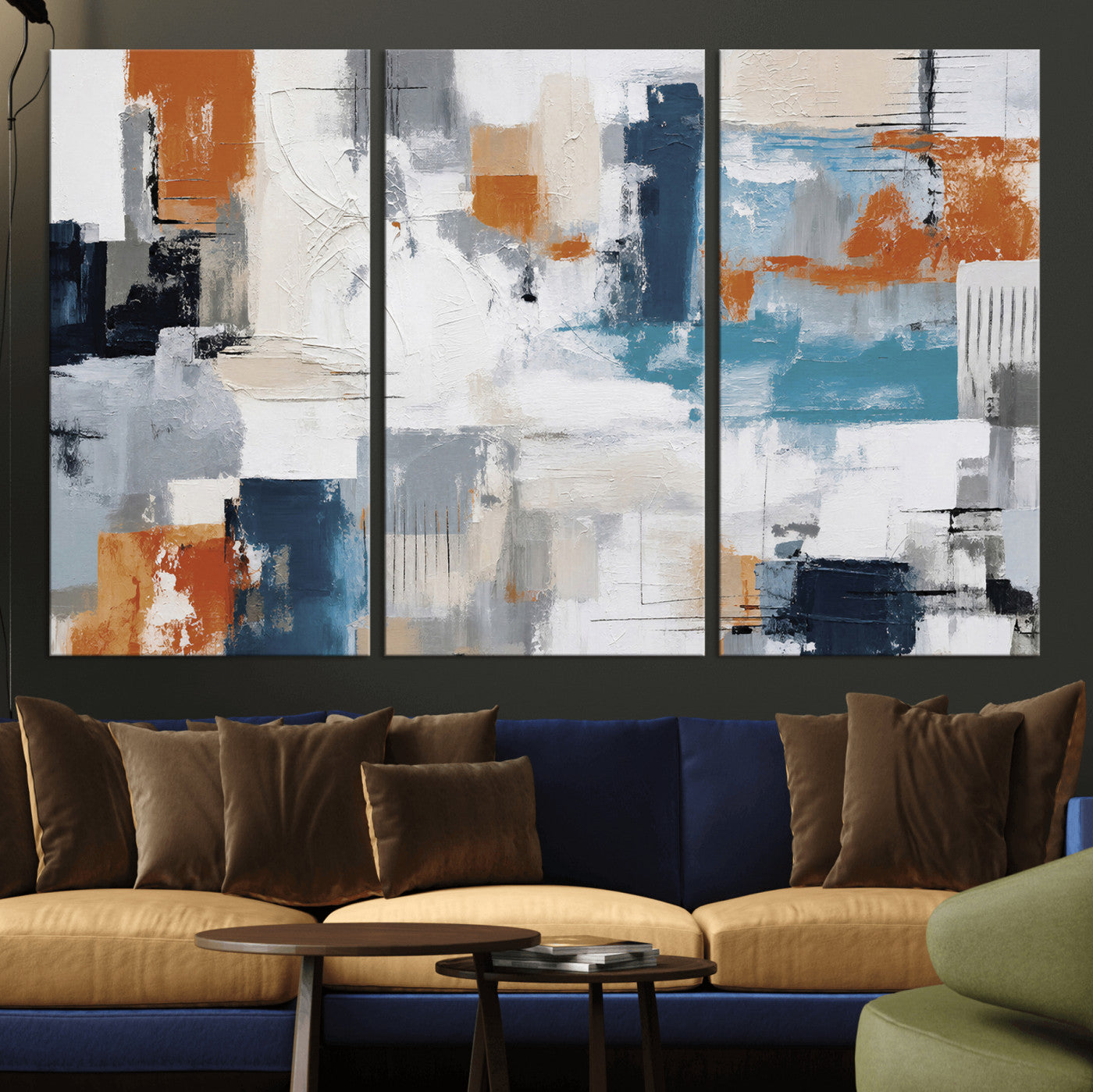44950303-MGV-CV-36X24 - Blue Teal Abstract Canvas Wall Art, Modern Textured Painting Print, Navy Orange White Contemporary Art, Neutral Living Room Decor, Office Art