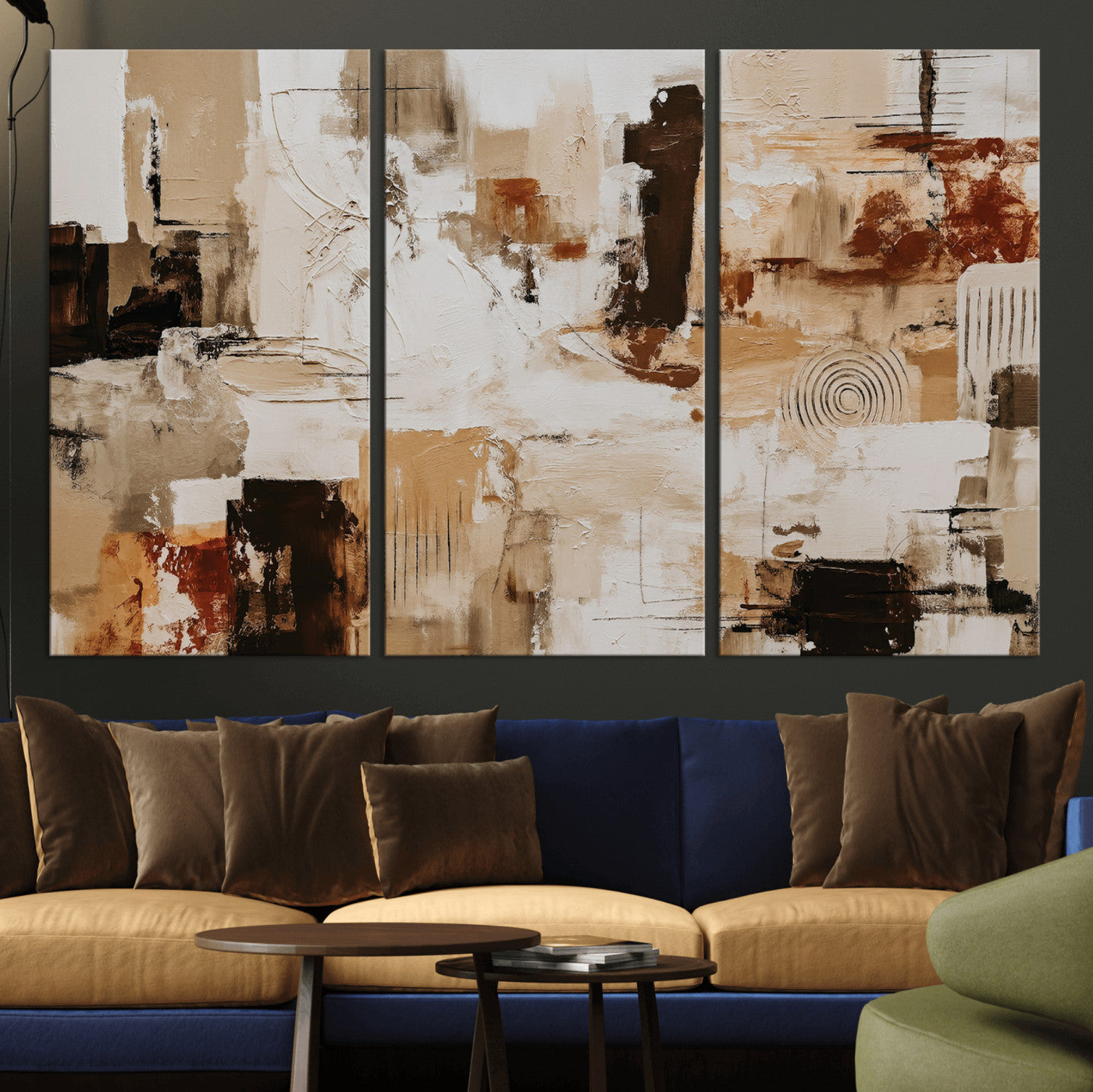 26560159-MGV-CV-36X24 - Blue Teal Abstract Canvas Wall Art, Modern Textured Painting Print, Navy Orange White Contemporary Art, Neutral Living Room Decor, Office Art