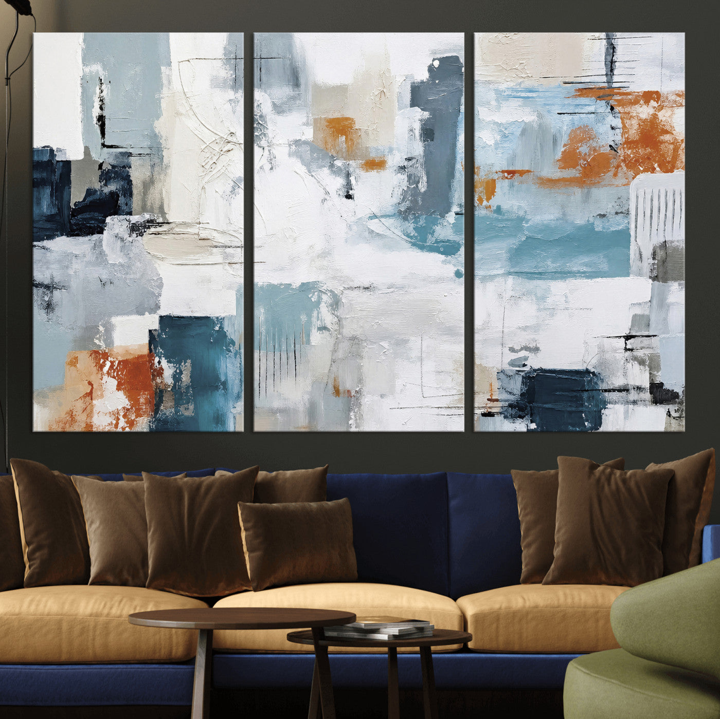 98638479-MGV-CV-36X24 - Blue Teal Abstract Canvas Wall Art, Modern Textured Painting Print, Navy Orange White Contemporary Art, Neutral Living Room Decor, Office Art