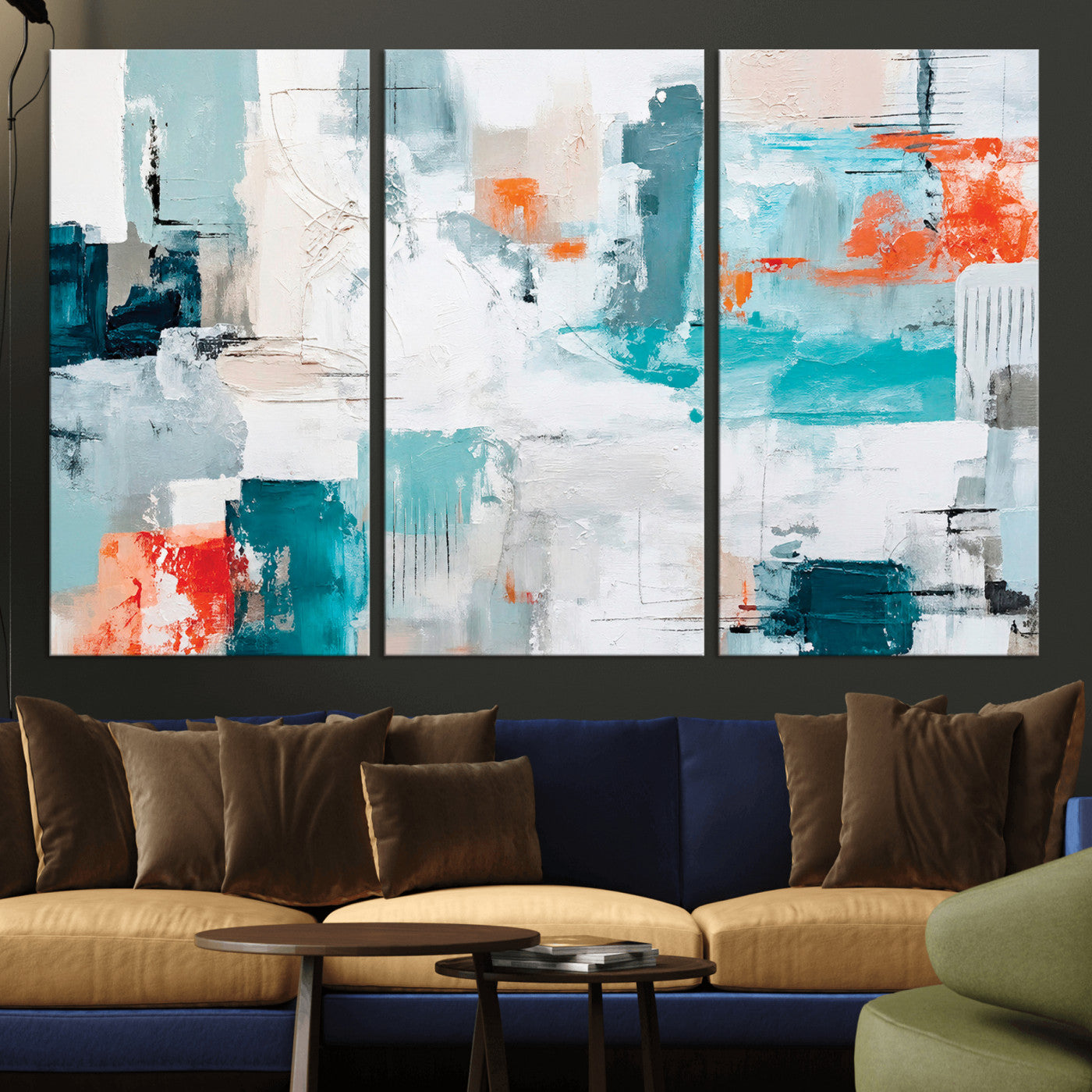 98638479-MGV-CV-36X24 - Blue Teal Abstract Canvas Wall Art | Modern Textured Painting Print, Navy Orange White Contemporary Art, Neutral Living Room Decor, Office Art