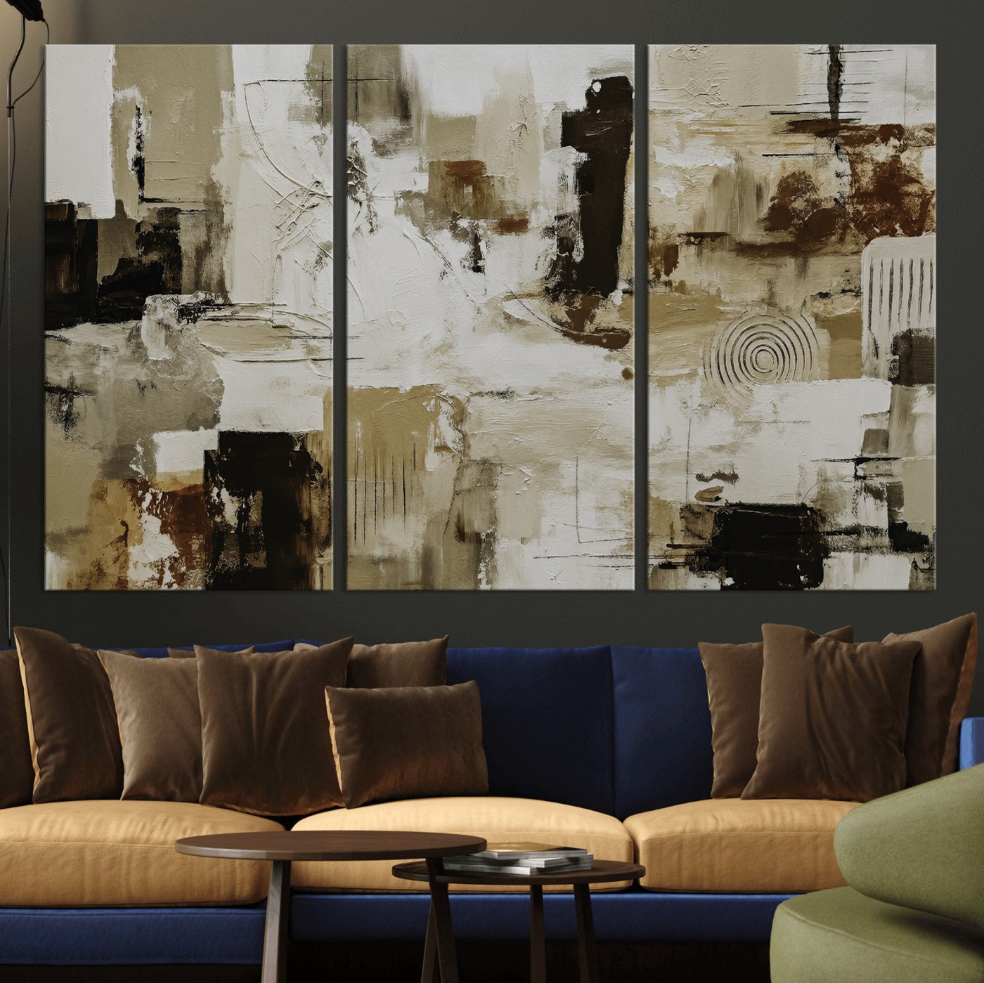 15668286-MGV-CV-36X24 - Blue Teal Abstract Canvas Wall Art, Modern Textured Painting Print, Navy Orange White Contemporary Art, Neutral Living Room Decor, Office Art