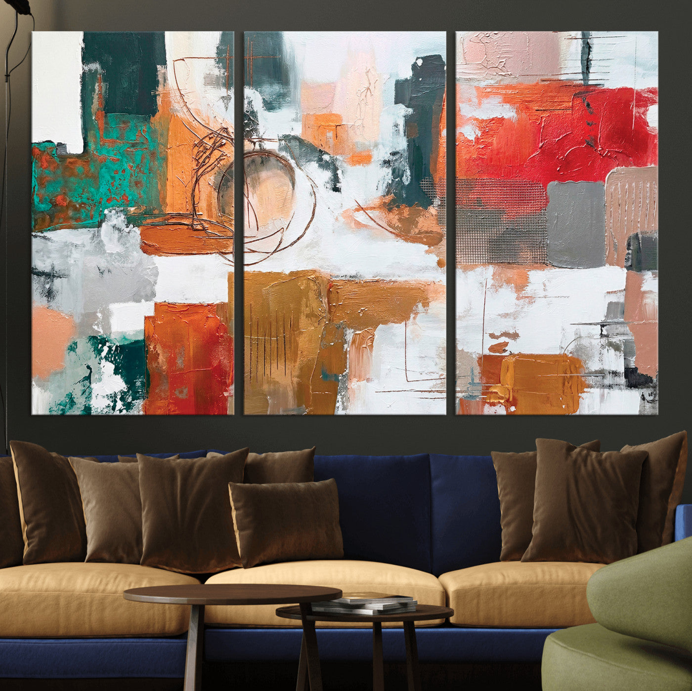 50720312-MGV-CV-36X24 - Blue Teal Abstract Canvas Wall Art | Modern Textured Painting Print, Navy Orange White Contemporary Art, Neutral Living Room Decor, Office Art.