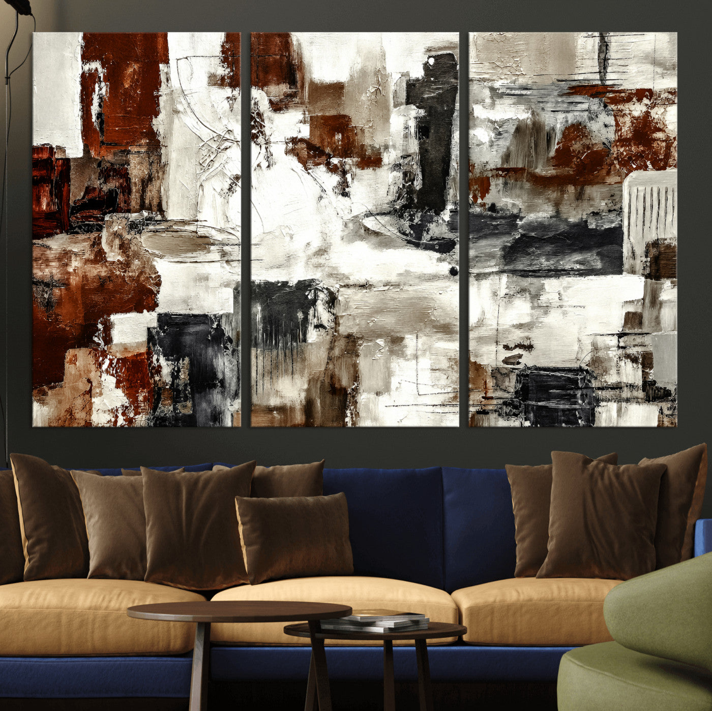 53022468-MGV-CV-36X24 - Blue Teal Abstract Canvas Wall Art, Modern Textured Painting Print, Navy Orange White Contemporary Art, Neutral Living Room Decor, Office Art
