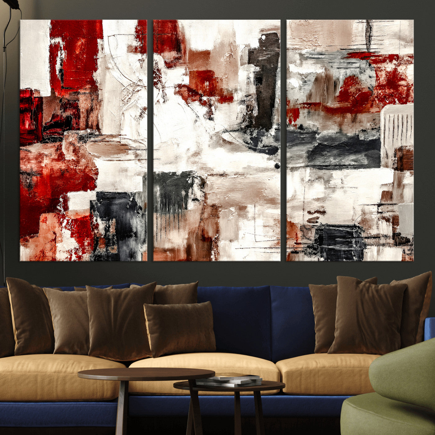 53022468-MGV-CV-36X24 - Blue Teal Abstract Canvas Wall Art, Modern Textured Painting Print, Navy Orange White Contemporary Art, Neutral Living Room Decor, Office Art