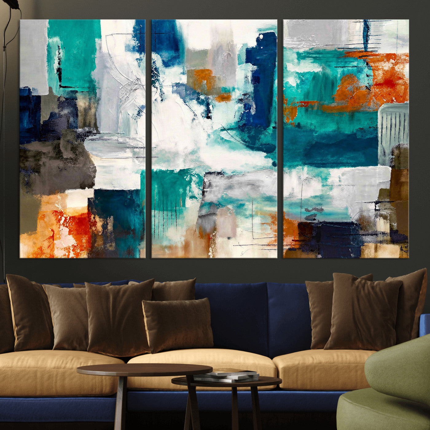 44038089-MGV-CV-36X24 - Blue Teal Abstract Canvas Wall Art, Modern Textured Painting Print, Navy Orange White Contemporary Art, Neutral Living Room Decor, Office Art