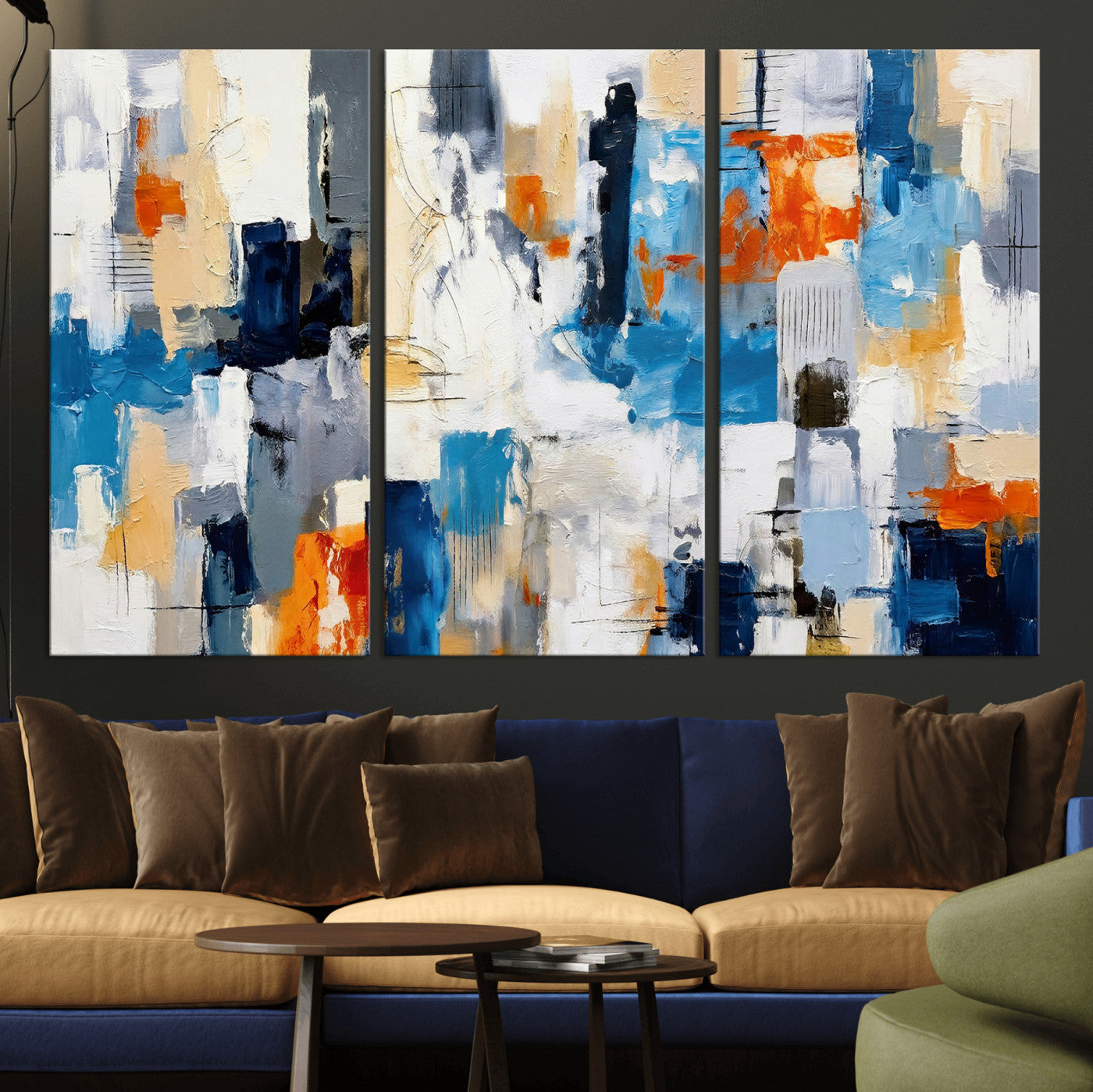 83915061-MGV-CV-36X24 - Blue Teal Abstract Canvas Wall Art, Modern Textured Painting Print, Navy Orange White Contemporary Art, Neutral Living Room Decor, Office Art