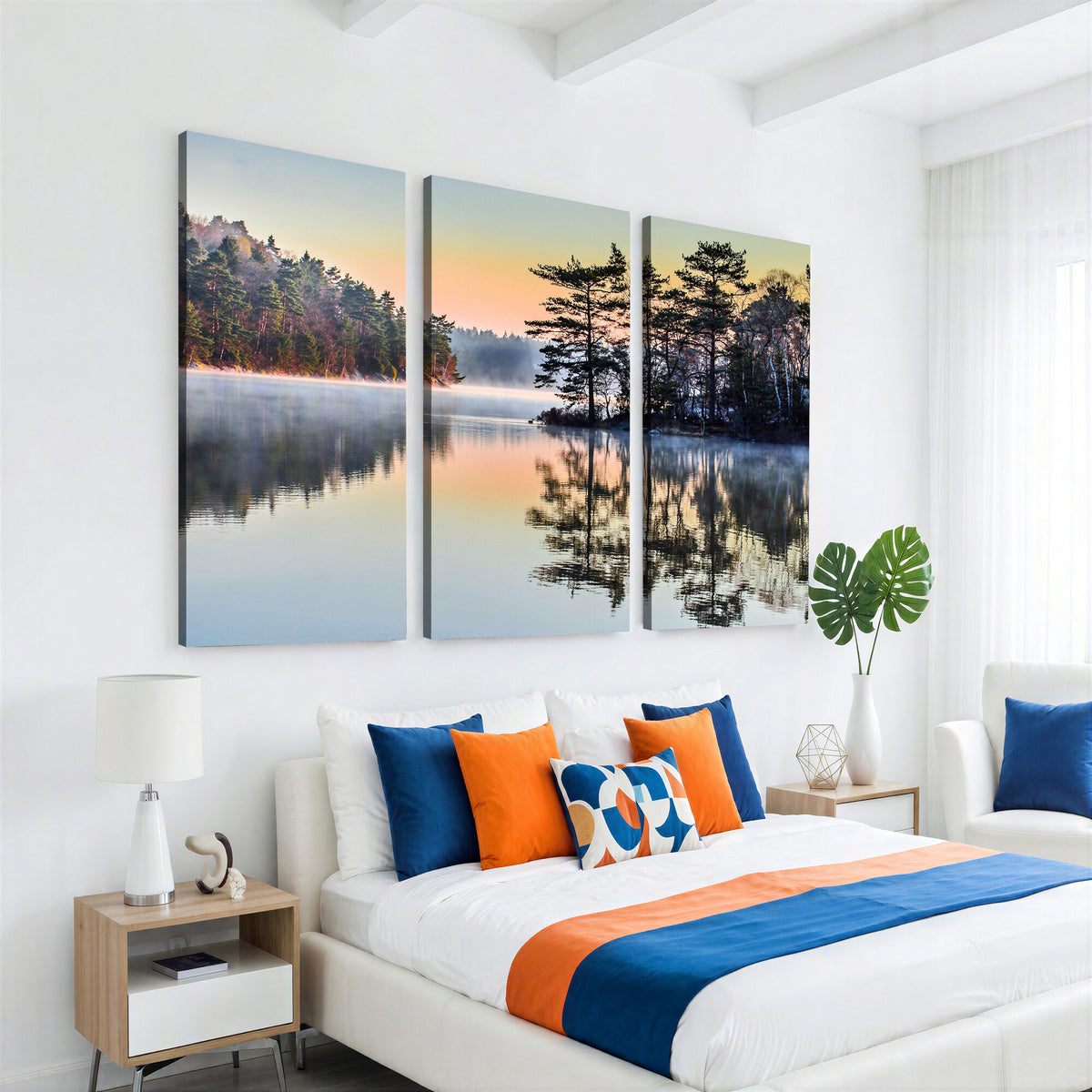 34236027-MGV-CV-36X24 - Before People Wake Canvas Wall Art Print, Misty Lake Sunrise Landscape, Forest Reflection Nature Decor, Ready to Hang