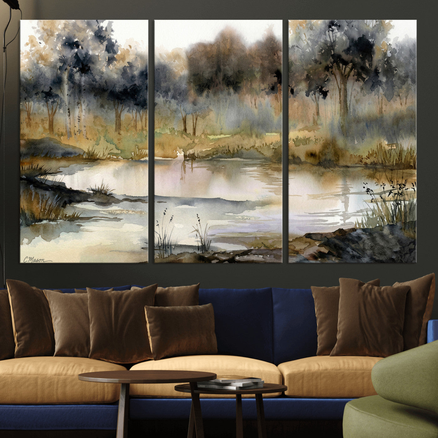 27383609-MGV-CV-36X24 - Abstract Watercolor Autumn Lake Canvas Wall Art Print - Misty Forest Landscape, Rustic Nature Painting, Cabin Wall Decor - Ready to Hang