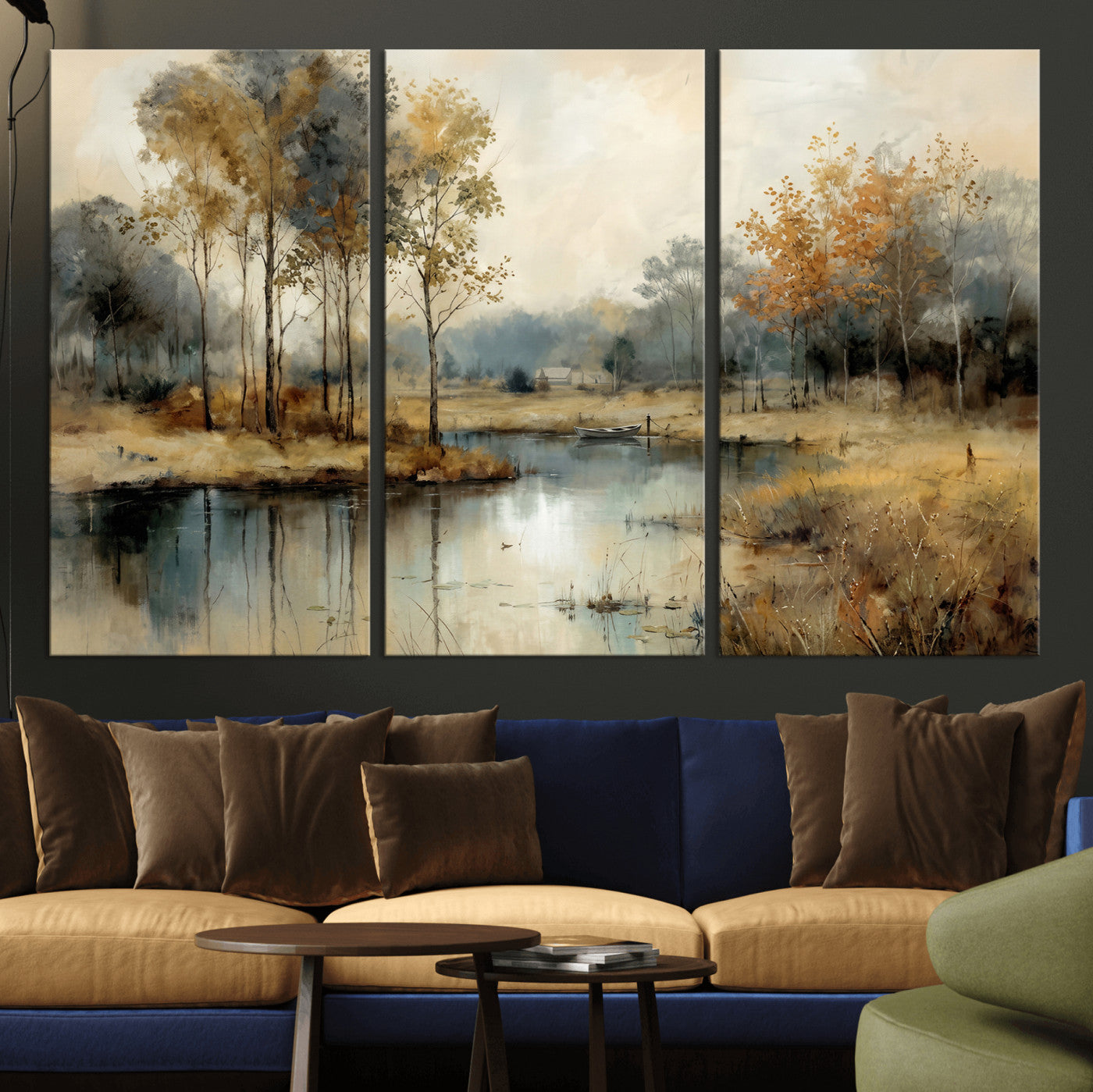 74391095-MGV-CV-36X24 - Abstract WatercolorAutumn Lake Canvas Wall Art Print, Misty Forest Landscape, Rustic Nature Painting, Cabin Wall Decor | Ready to Hang