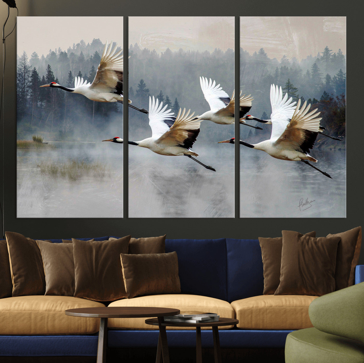 24356826-MGV-CV-36X24 - Flying Crane Canvas Wall Art Print, White Crane Bird Artwork, Wildlife Nature Decor, Lake Landscape Canvas - Ready to Hang
