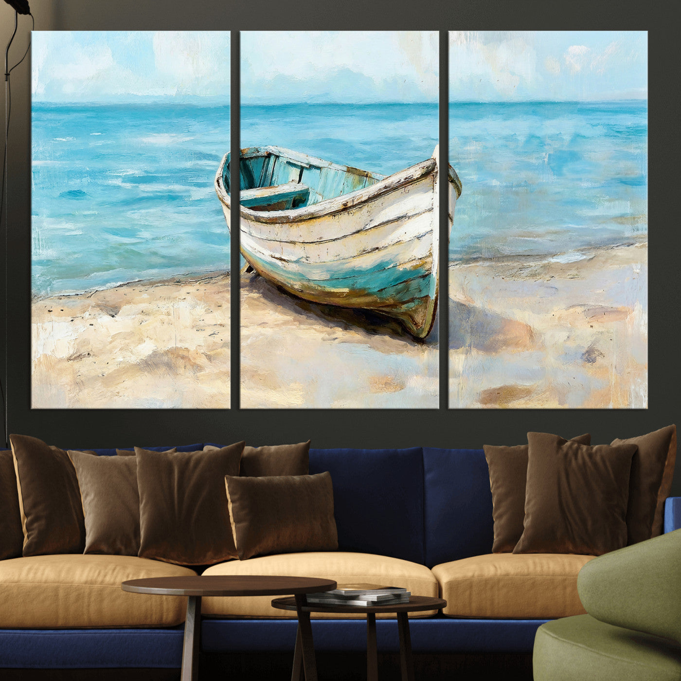 14780565-MGV-CV-36X24 - Coastal Boat Canvas Wall Art Print, Beach Boat Painting, Nautical Ocean Decor, Seascape Wall Art - Ready to Hang
