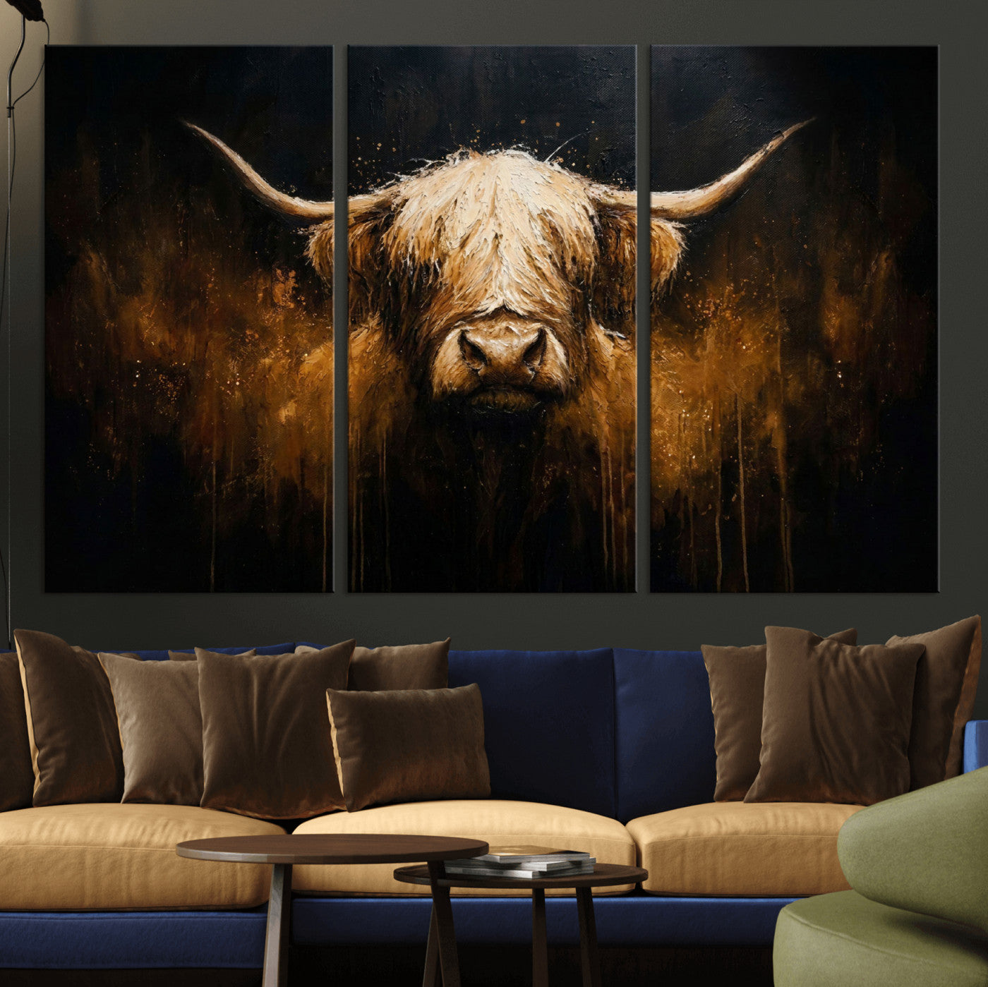 79873059-MGV-CV-36X24 - Rustic Highland Cow Canvas Print Dark Farmhouse Cattle Wall Decor