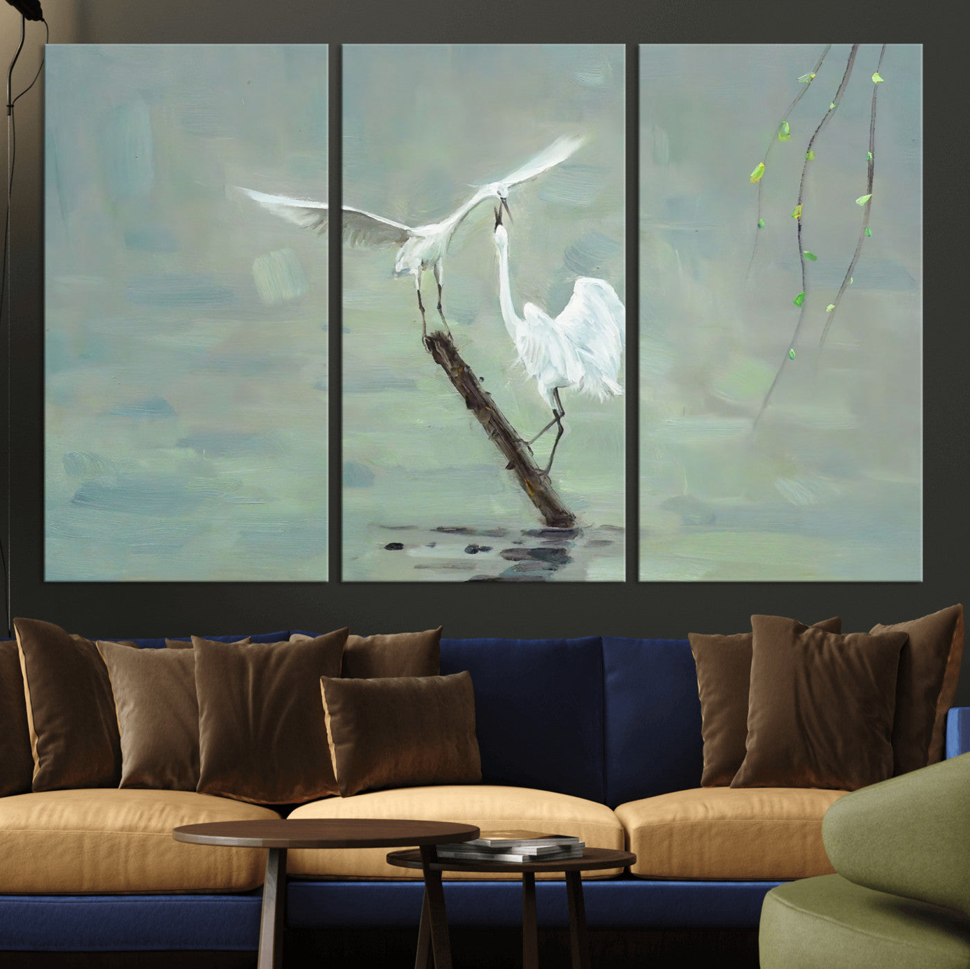 91124838-MGV-CV-36X24 - Two White Egrets on Marsh Branch Wall Art Canvas Print - Vintage Style Coastal Bird Poster