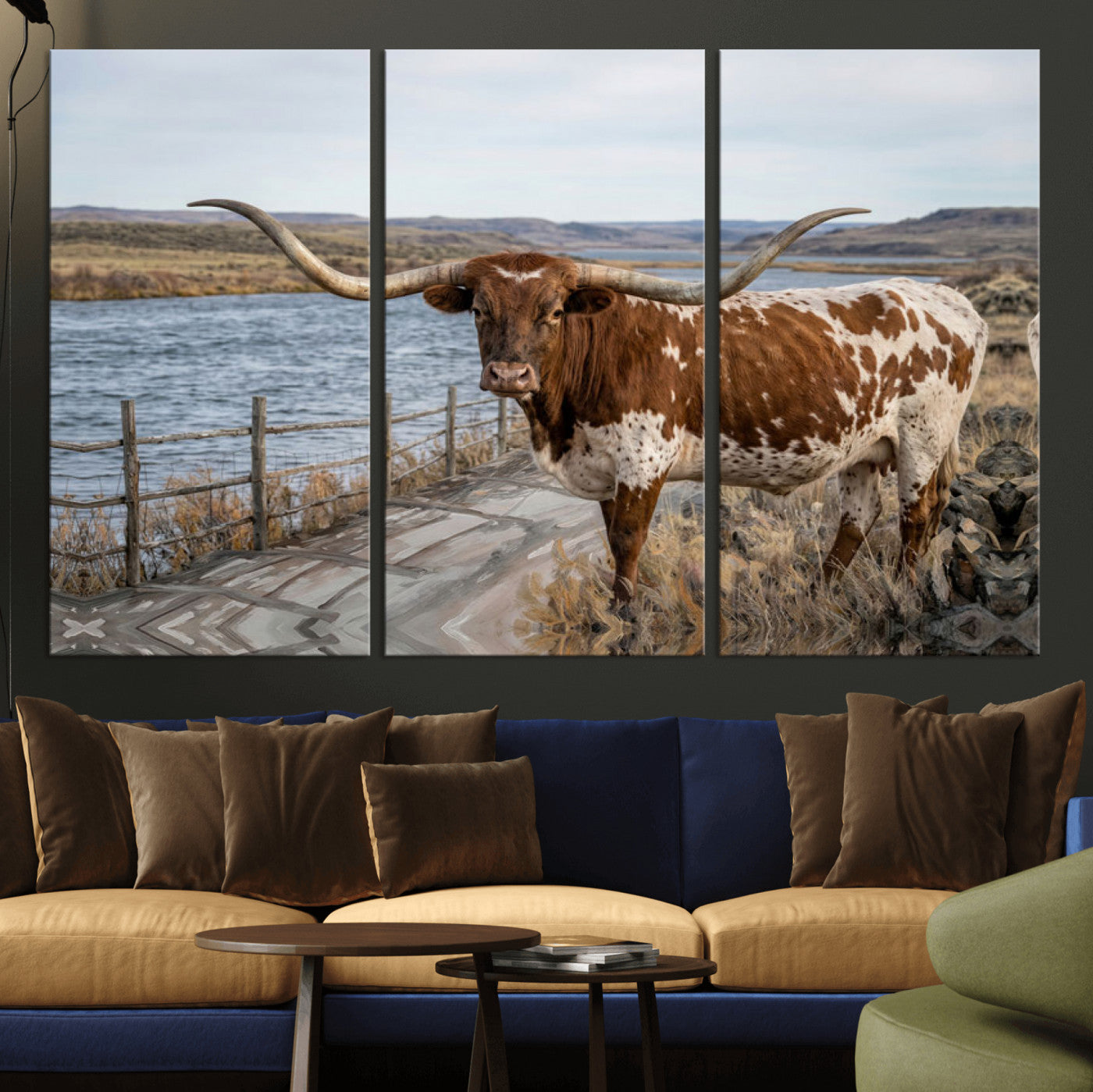 91575949-MGV-CV-36X24 - Texas Longhorn Cattle in Desert Pasture Wall Art Canvas Print - Rustic Western Decor
