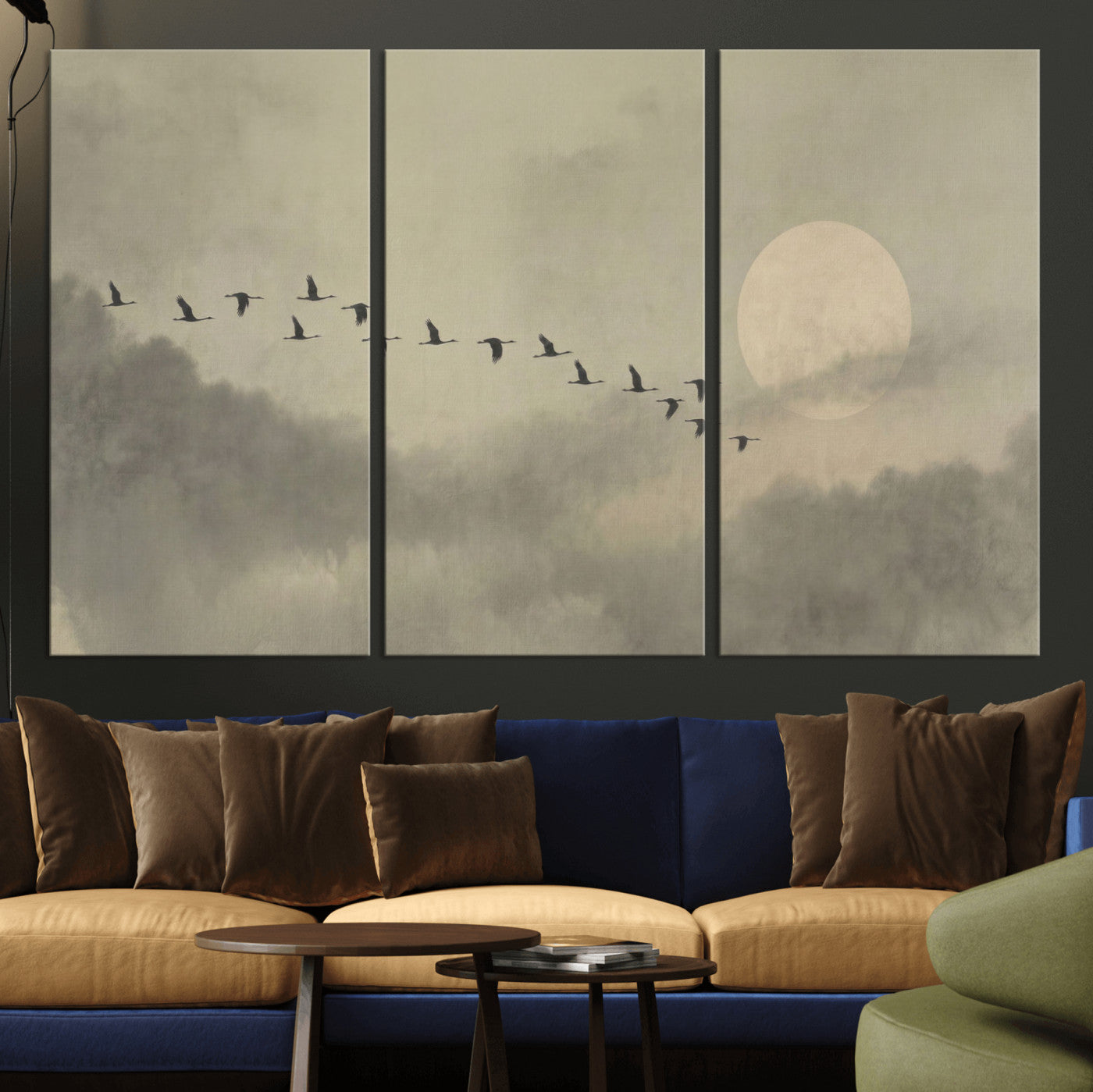 12098149-MGV-CV-36X24 - Flock of Birds Flying to Full Moon Wall Art Canvas Print - Vintage Surreal Clouds Painting
